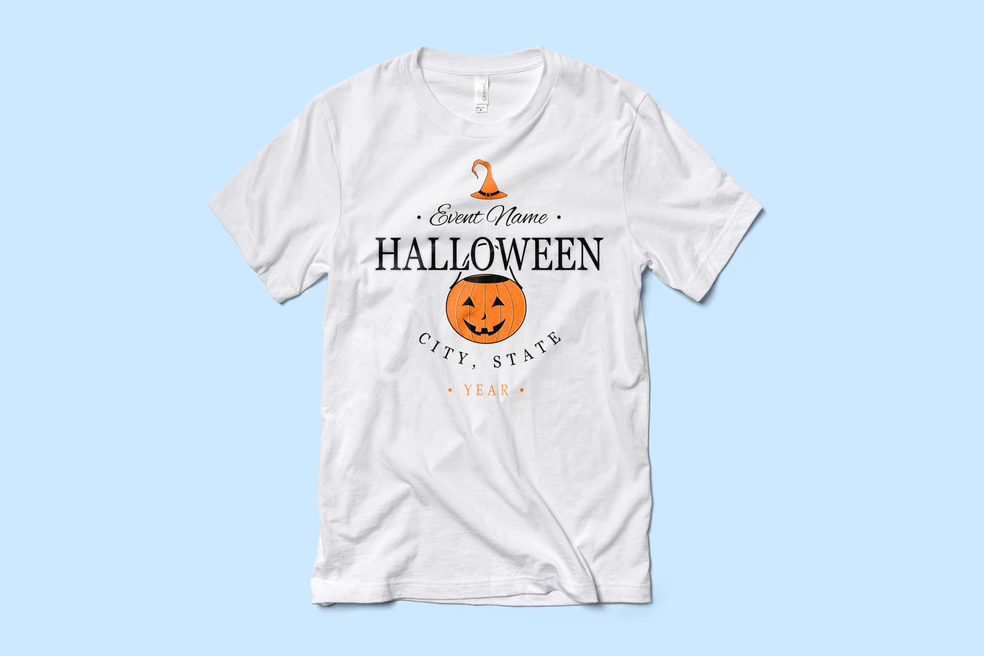 Image of a white t-shirt with a customizable halloween design of a classic jack-o-lantern.