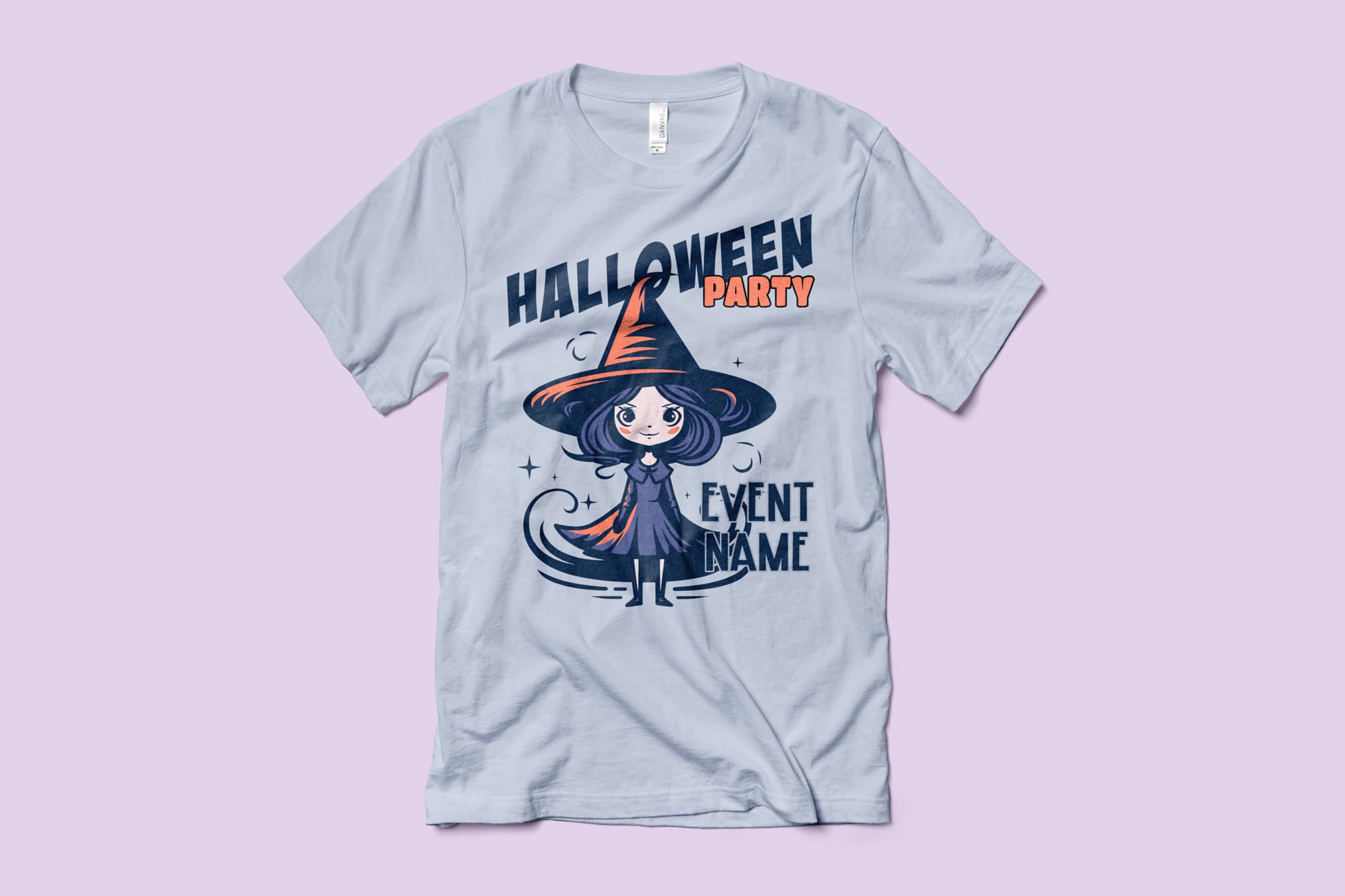 Image of a light blue shirt t-shirt with a customizable halloween design of a cute witch.