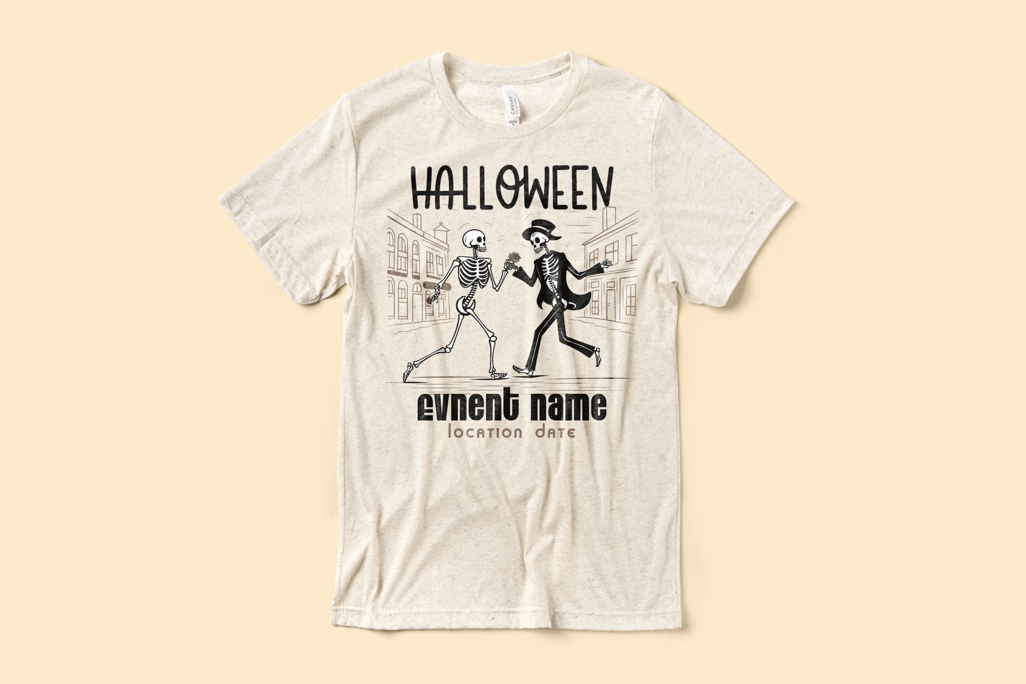 Image of a cream color t-shirt with a customizable halloween design of dancing skeletons.