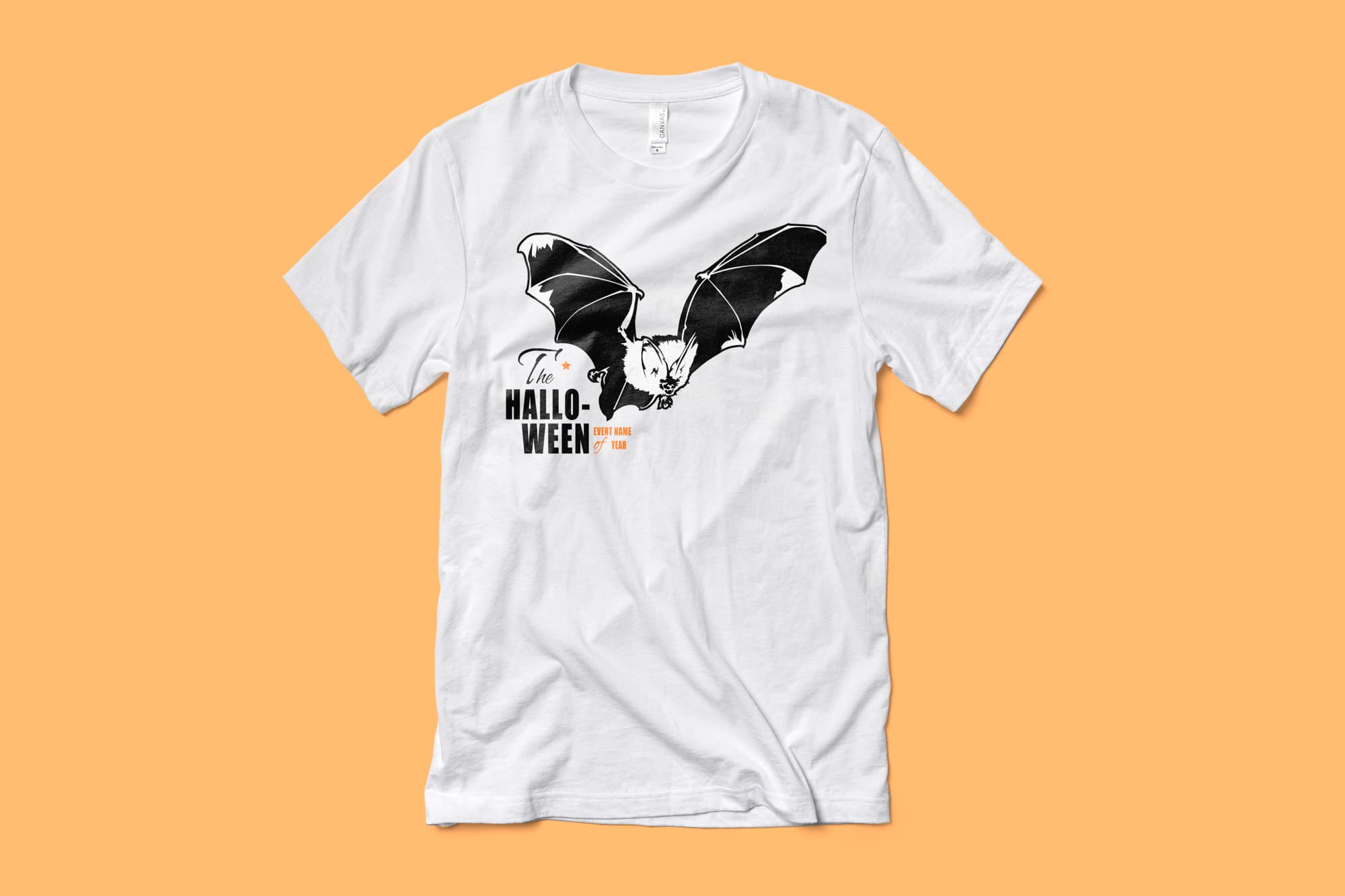 Image of a white t-shirt with a customizable halloween design of a flying bat.