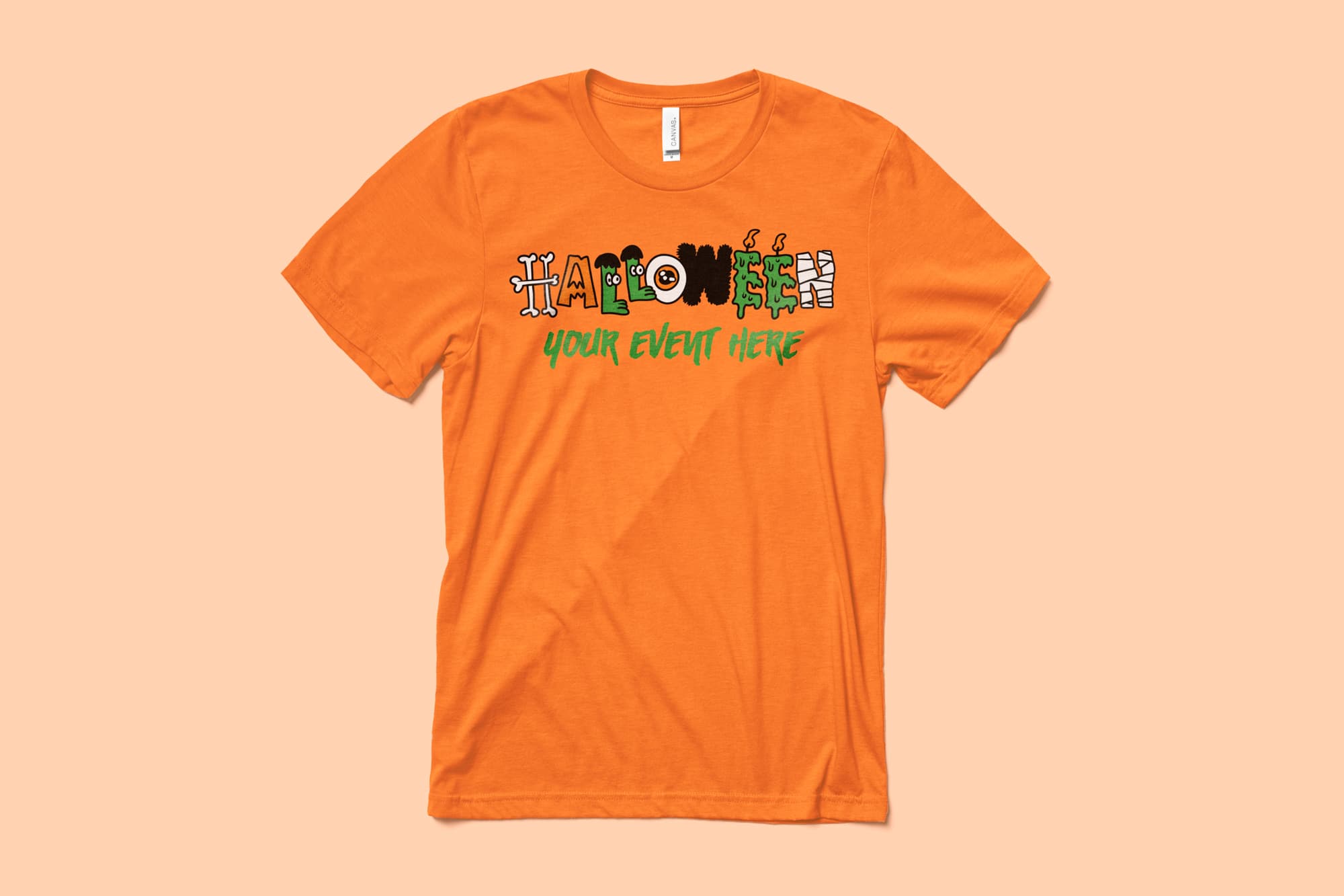 Image of an orange t-shirt with a customizable halloween design of spooky letters that spell Halloween.