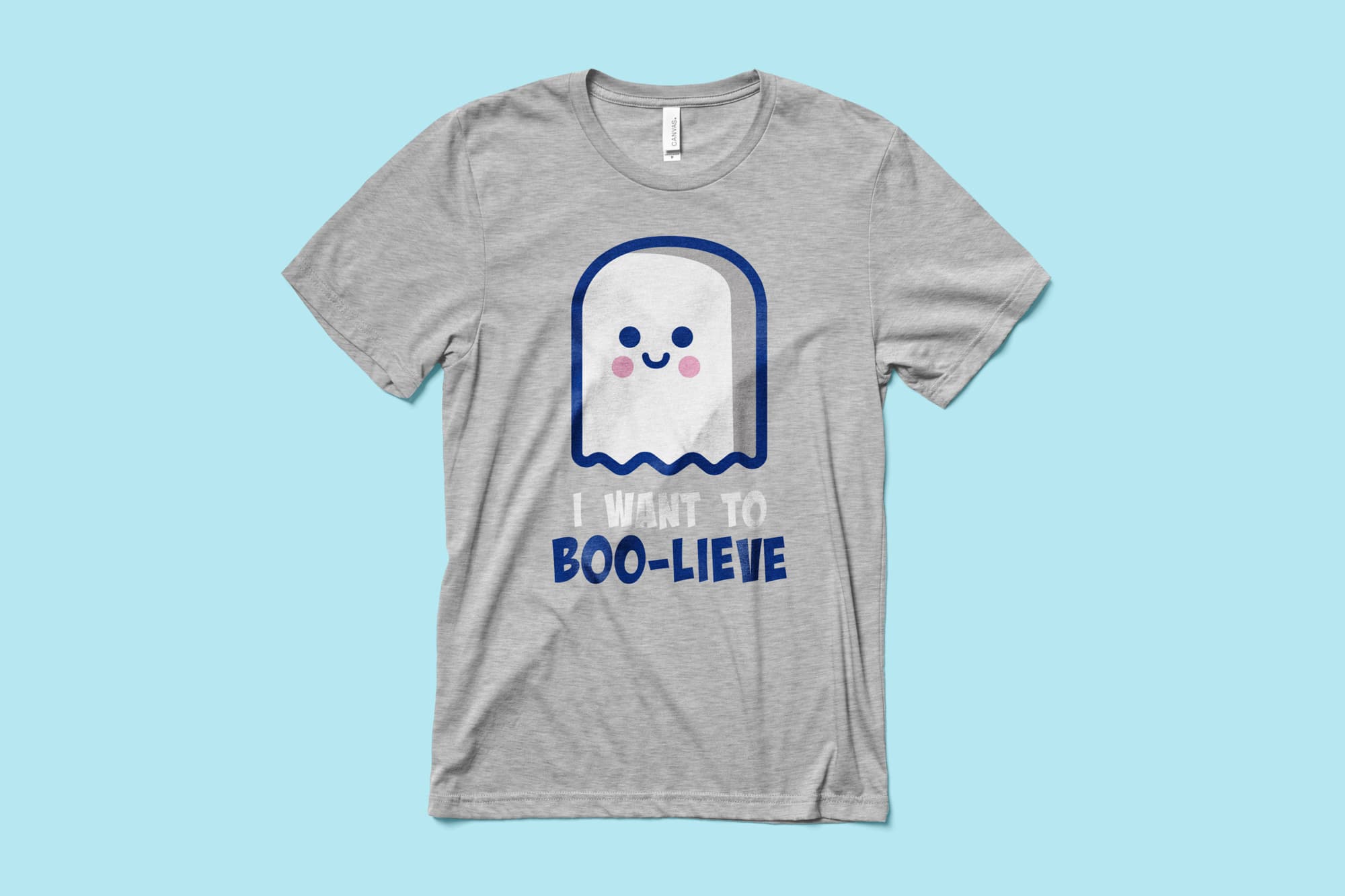 Image of a heather grey t-shirt with a customizable halloween design of a funny ghost.