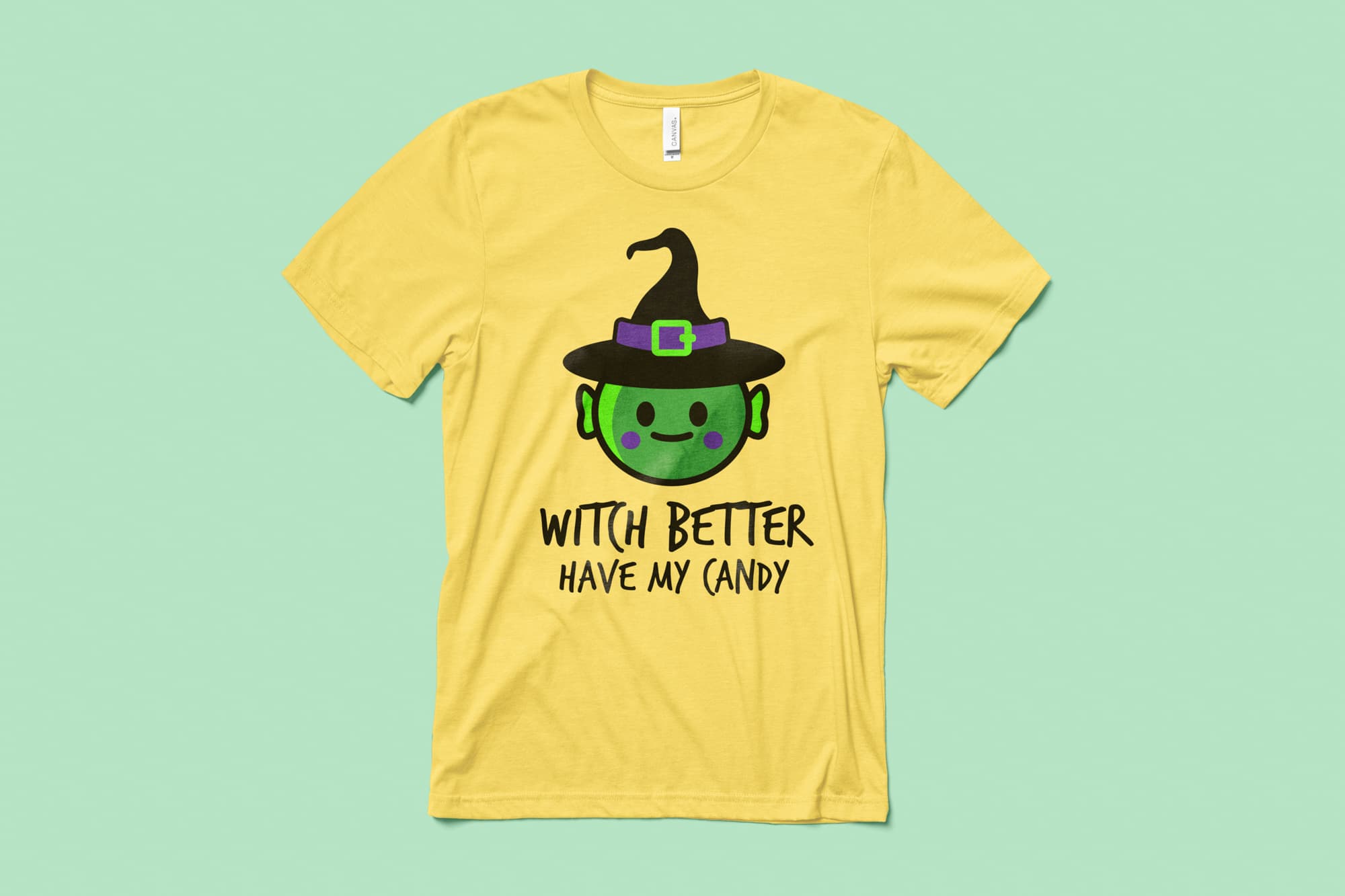 Image of a yellow t-shirt with a customizable halloween design of a funny witch.