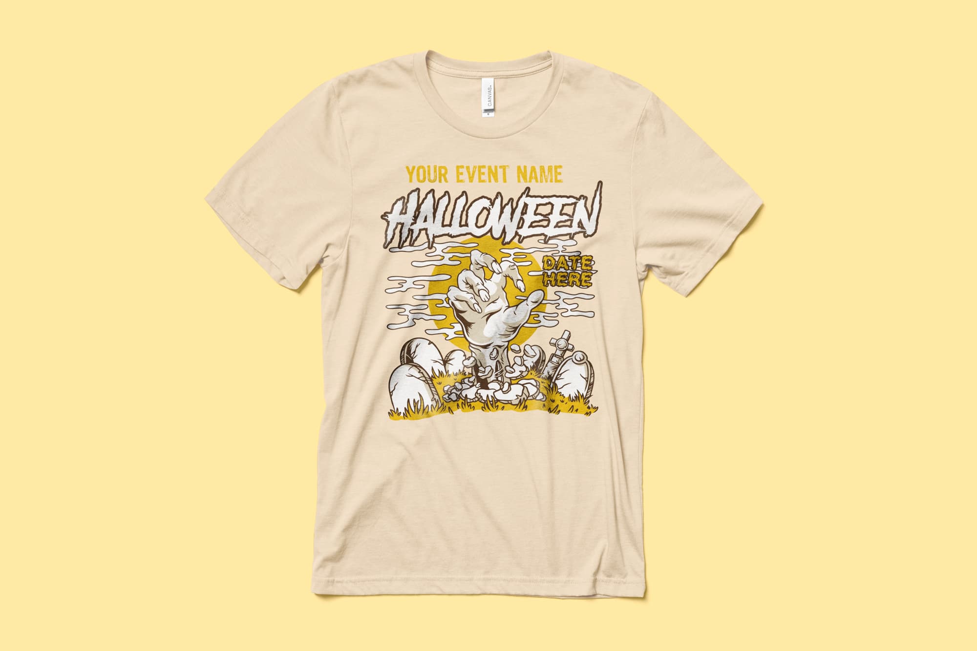 Image of a cream color t-shirt with a customizable halloween design of a hand popping up out of a graveyard.