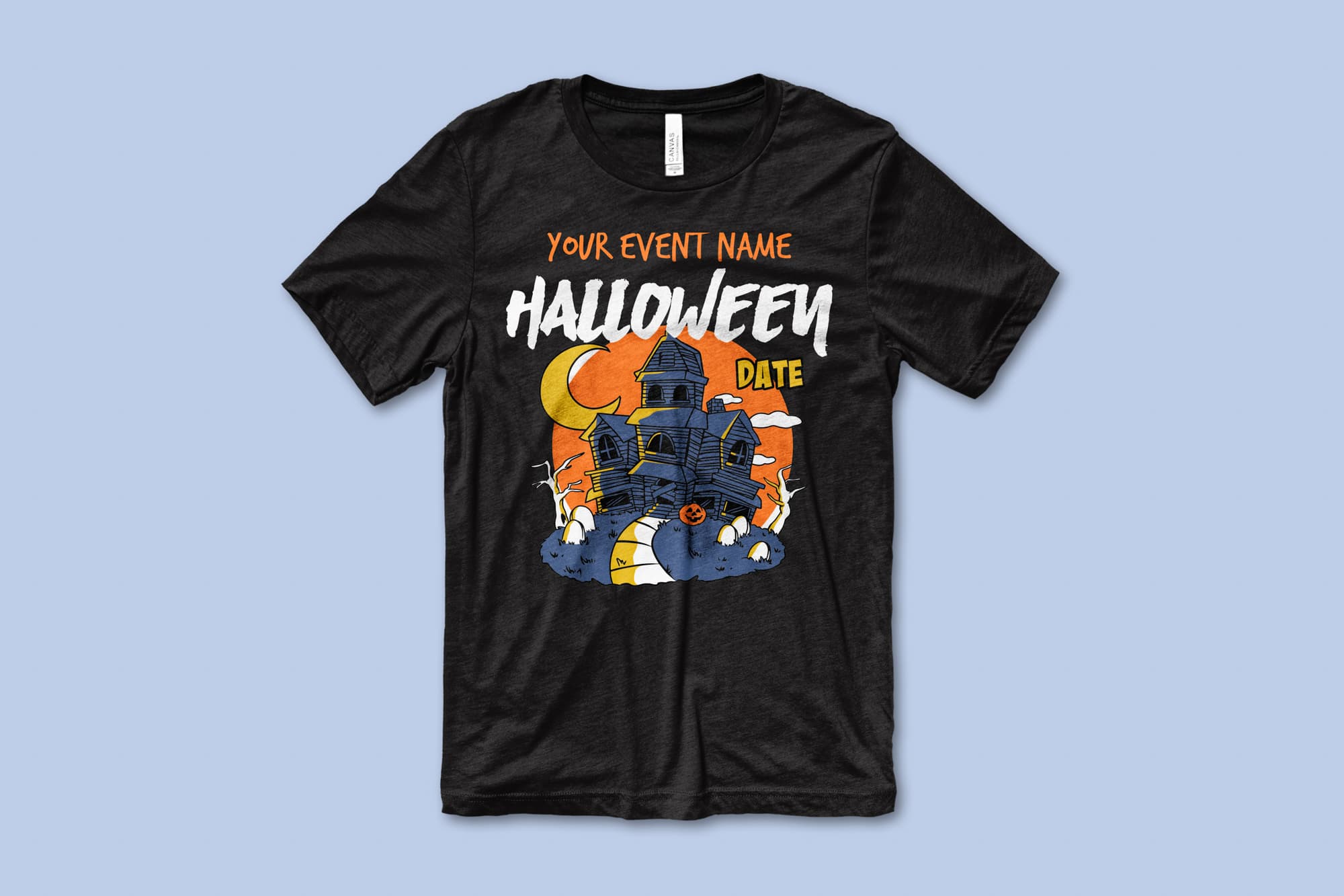 Image of a black t-shirt with a customizable halloween design of a haunted house.