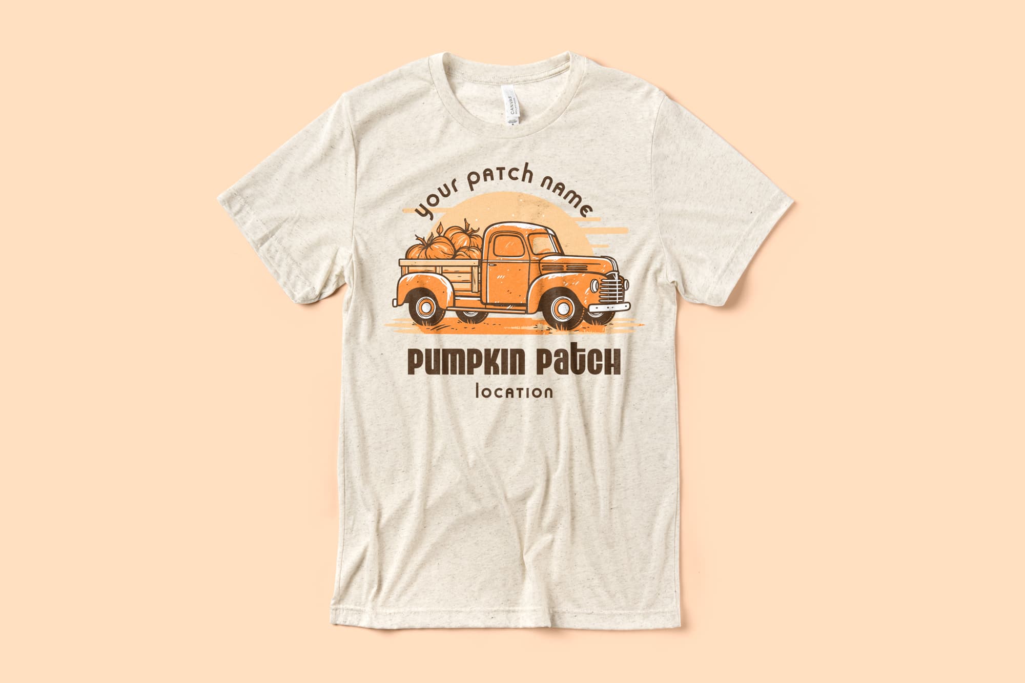 Image of a cream color t-shirt with a customizable halloween design of an old truck at pumpkin patch.