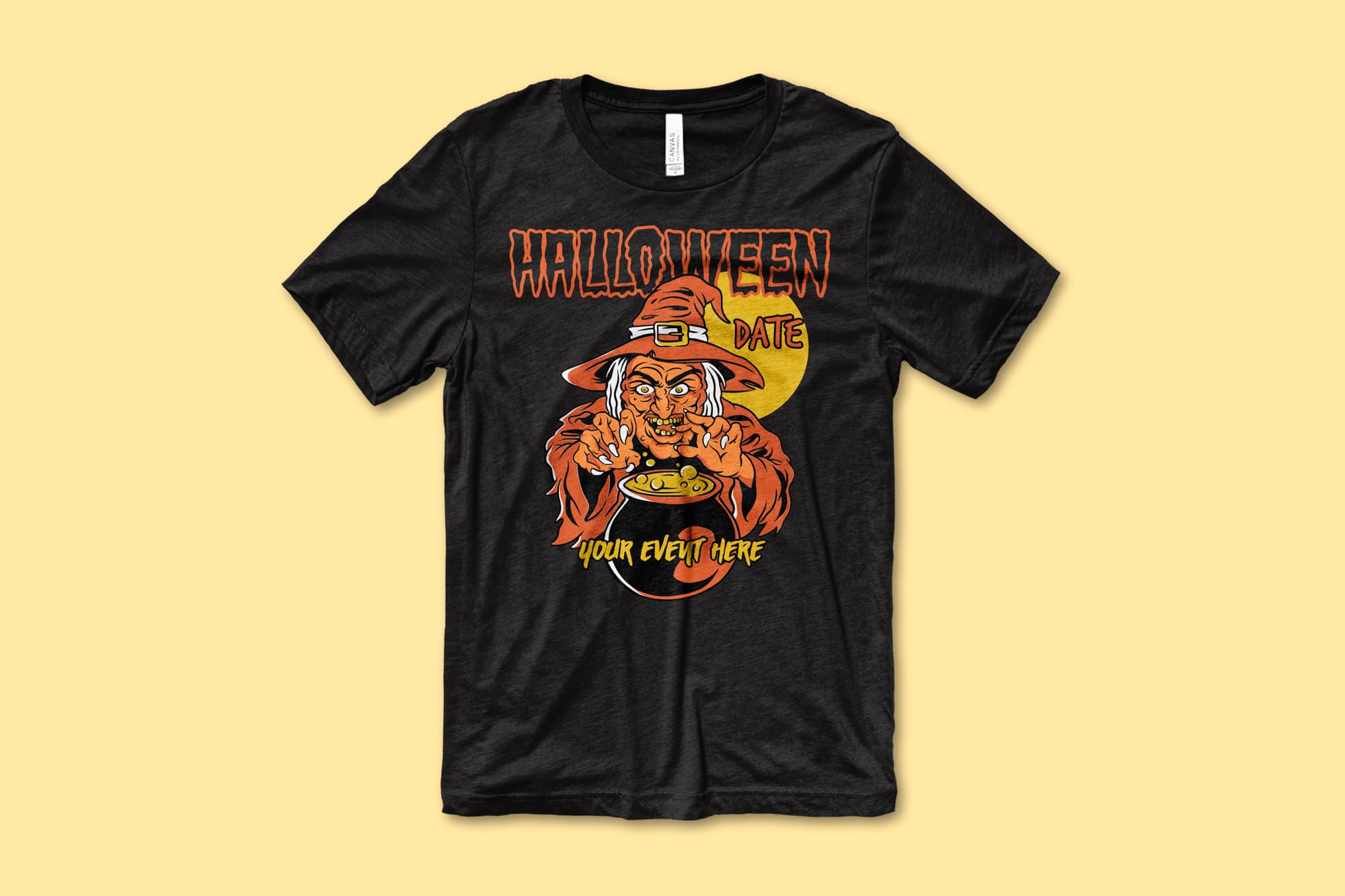 Image of a black shirt t-shirt with a customizable halloween design of a scary witch.