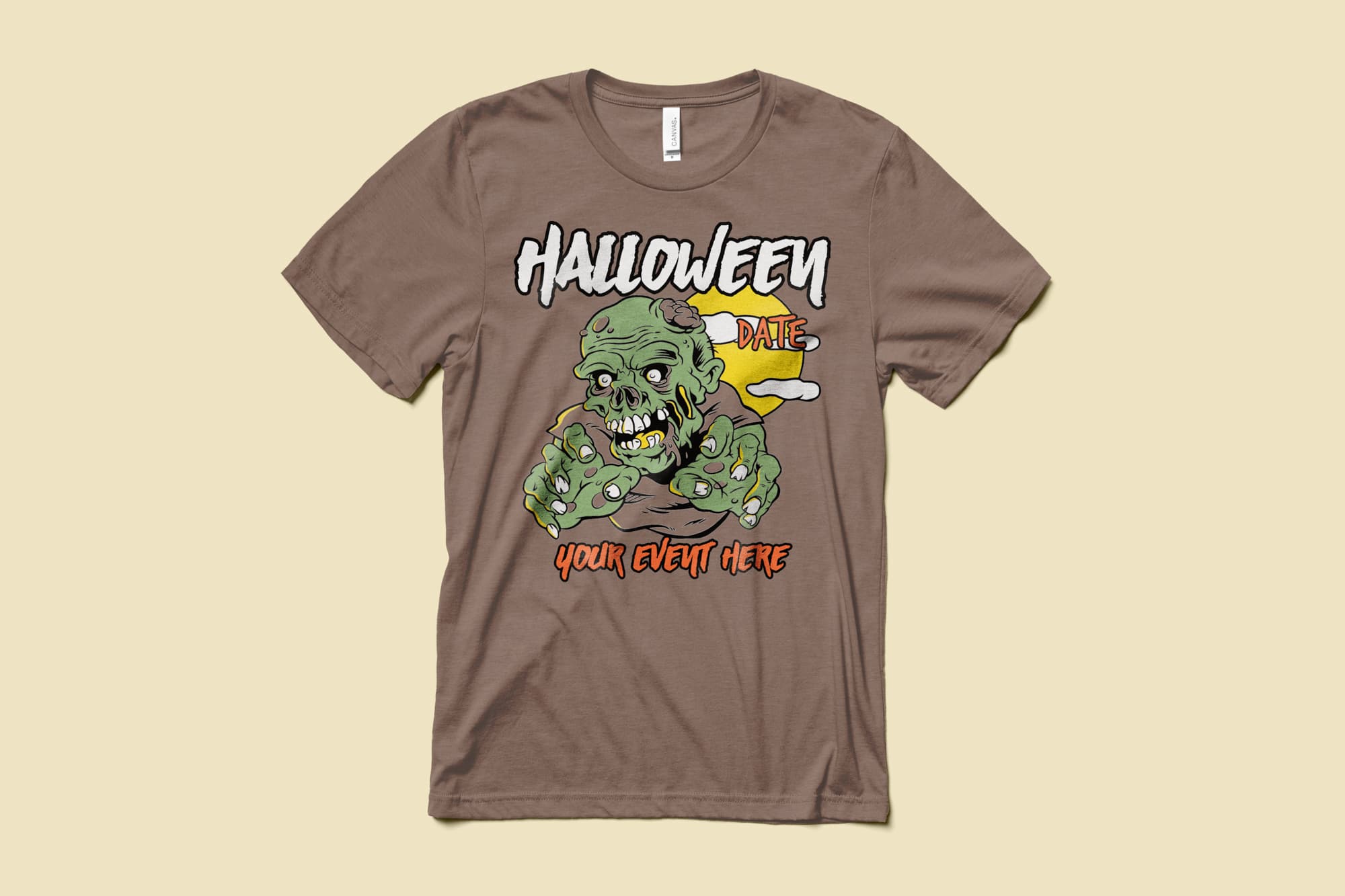 Image of a brown t-shirt with a customizable halloween design of a zombie.