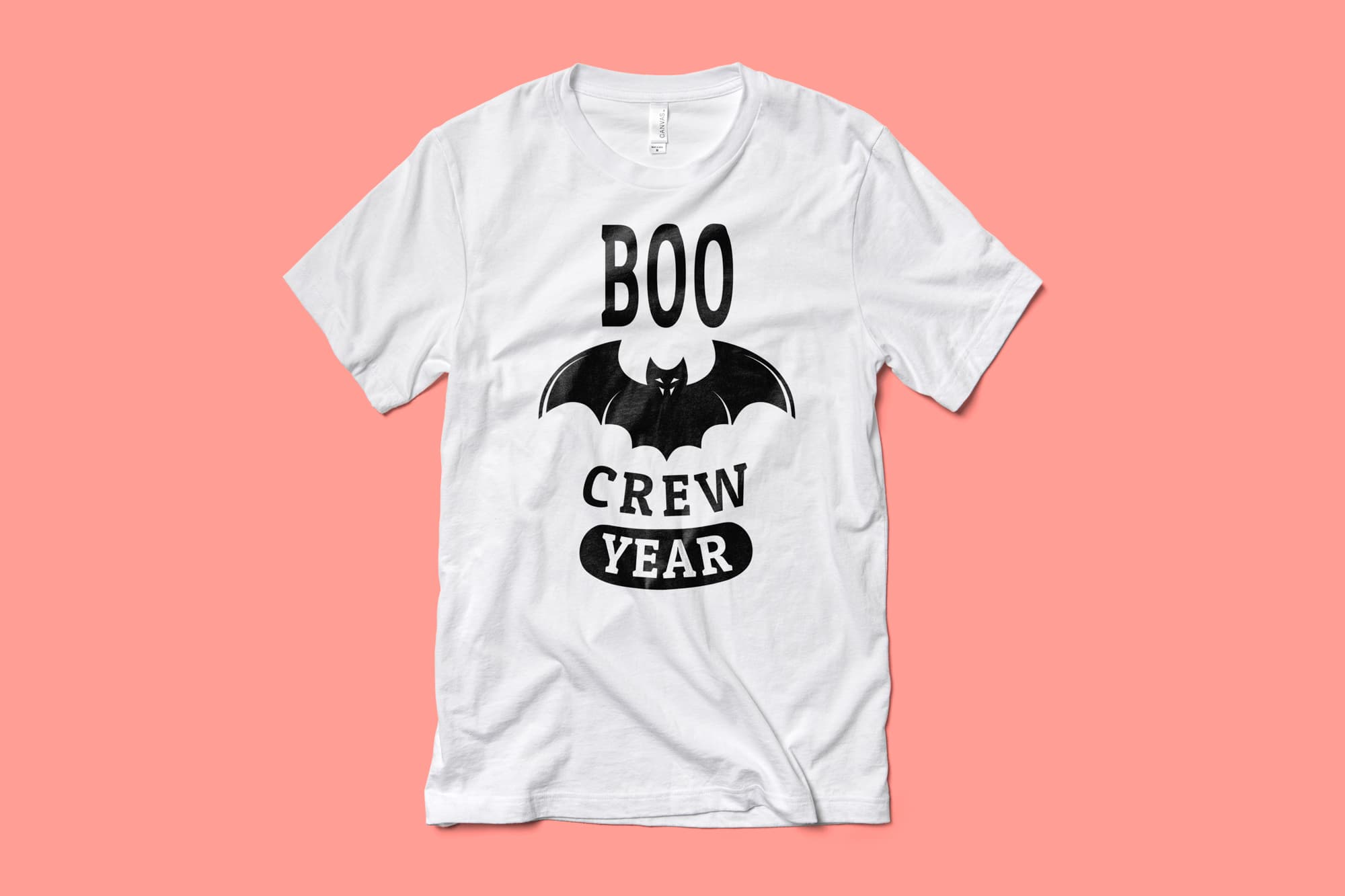 Image of a white t-shirt with a customizable halloween design of a bat.