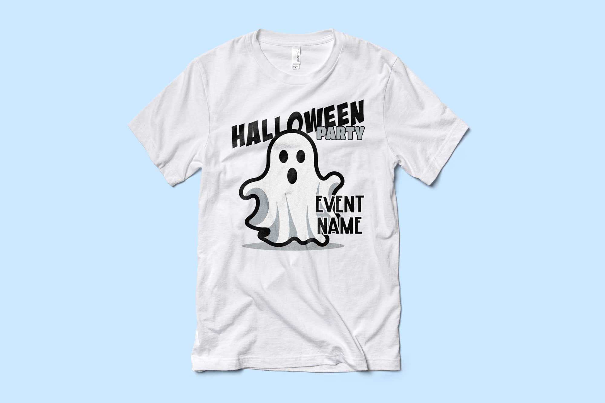 Image of a white t-shirt with a customizable halloween design of a spooky ghost.