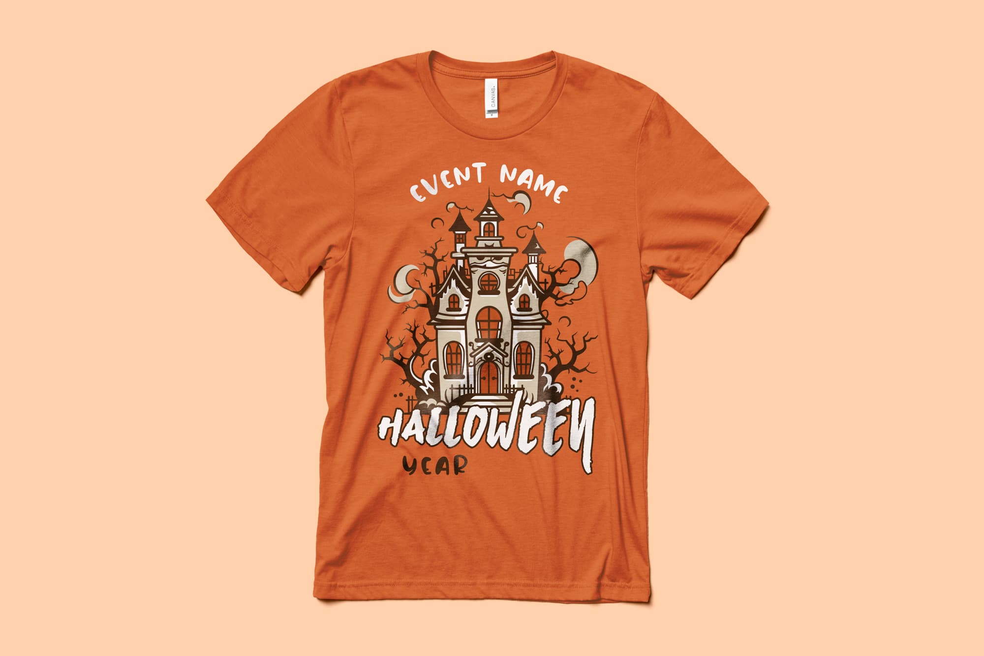 Image of an orange t-shirt with a customizable halloween design of a haunted house.