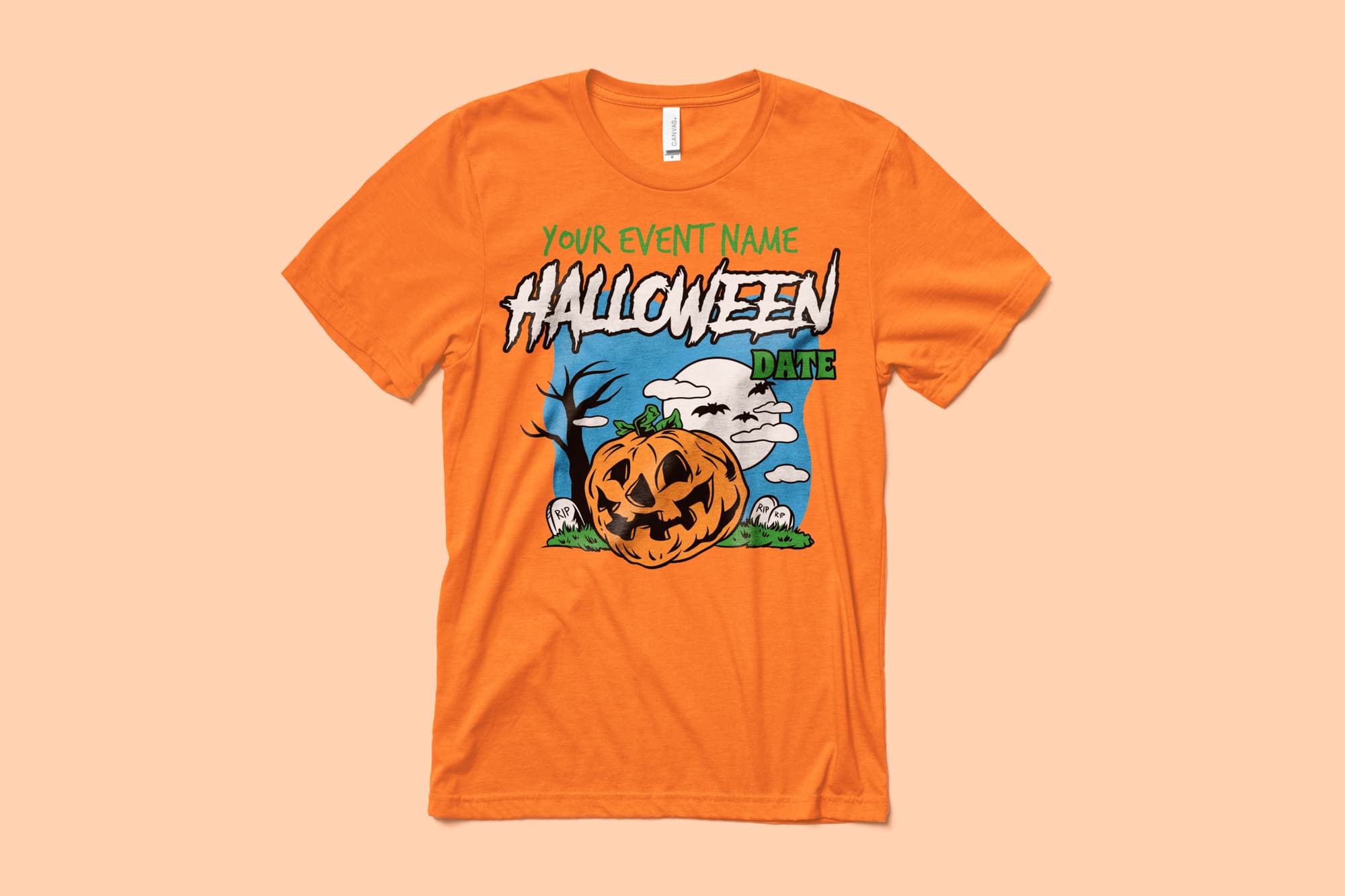 Image of a peach color t-shirt with a customizable halloween design of a pumpkin in a graveyard.