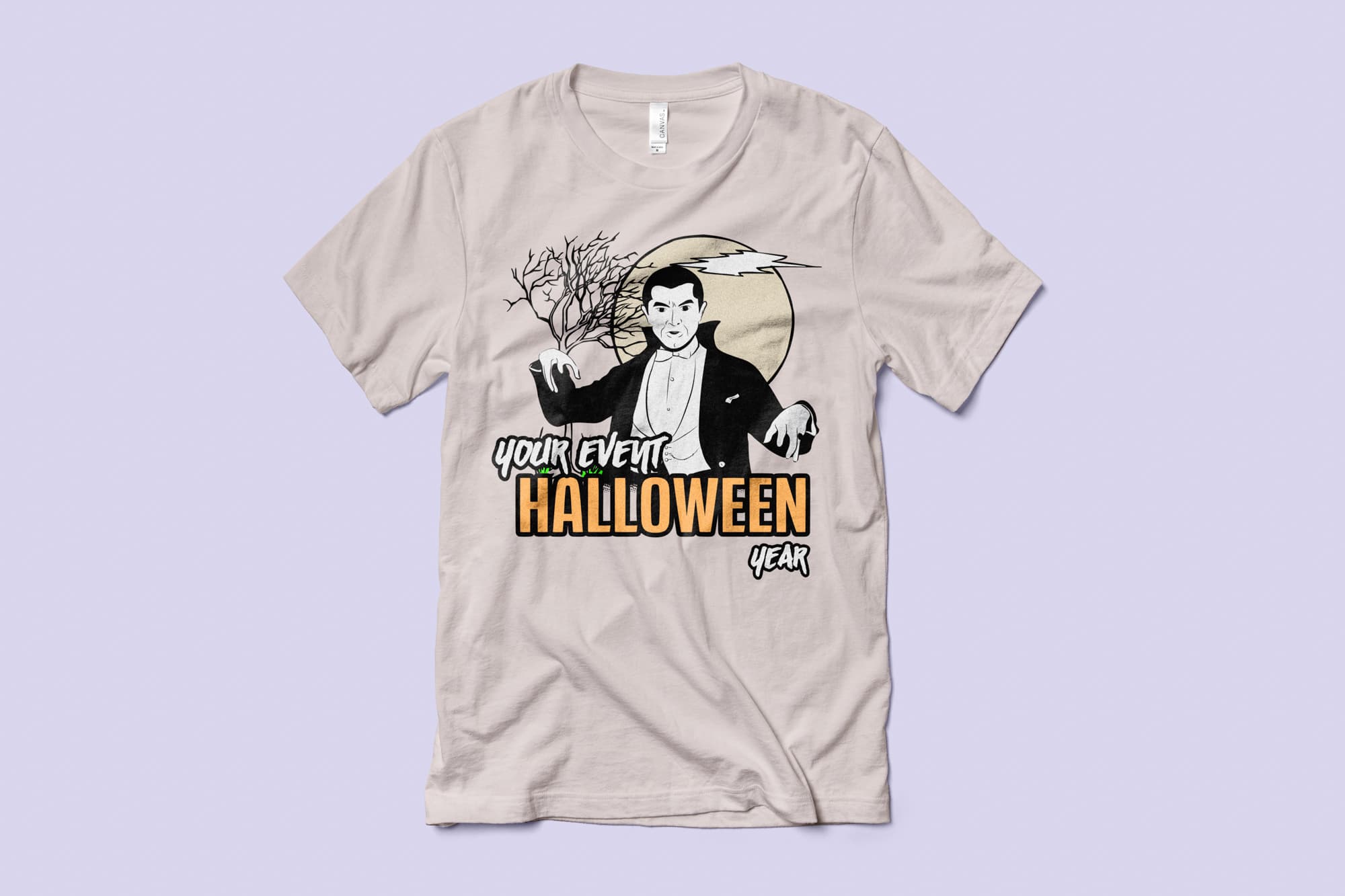 Image of a grey t-shirt with a customizable halloween design of Dracula.