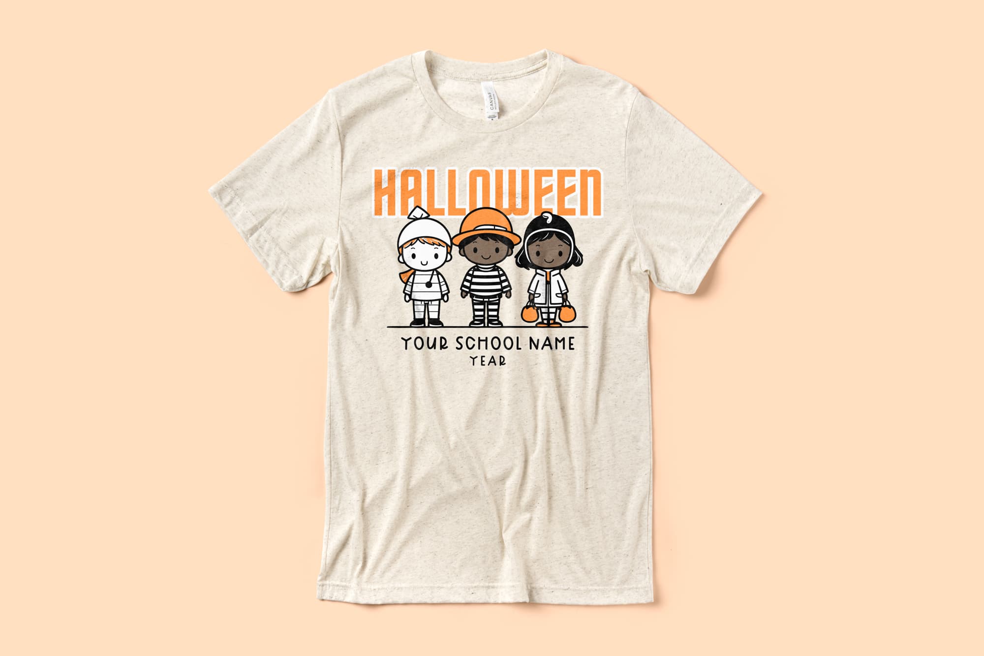 Image of an oatmeal color t-shirt with a customizable halloween design of three children in costumes trick-or-treating.