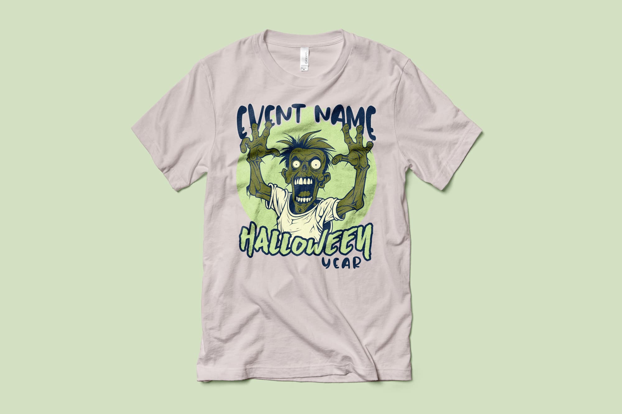 Image of a grey t-shirt with a customizable halloween design of a zombie.