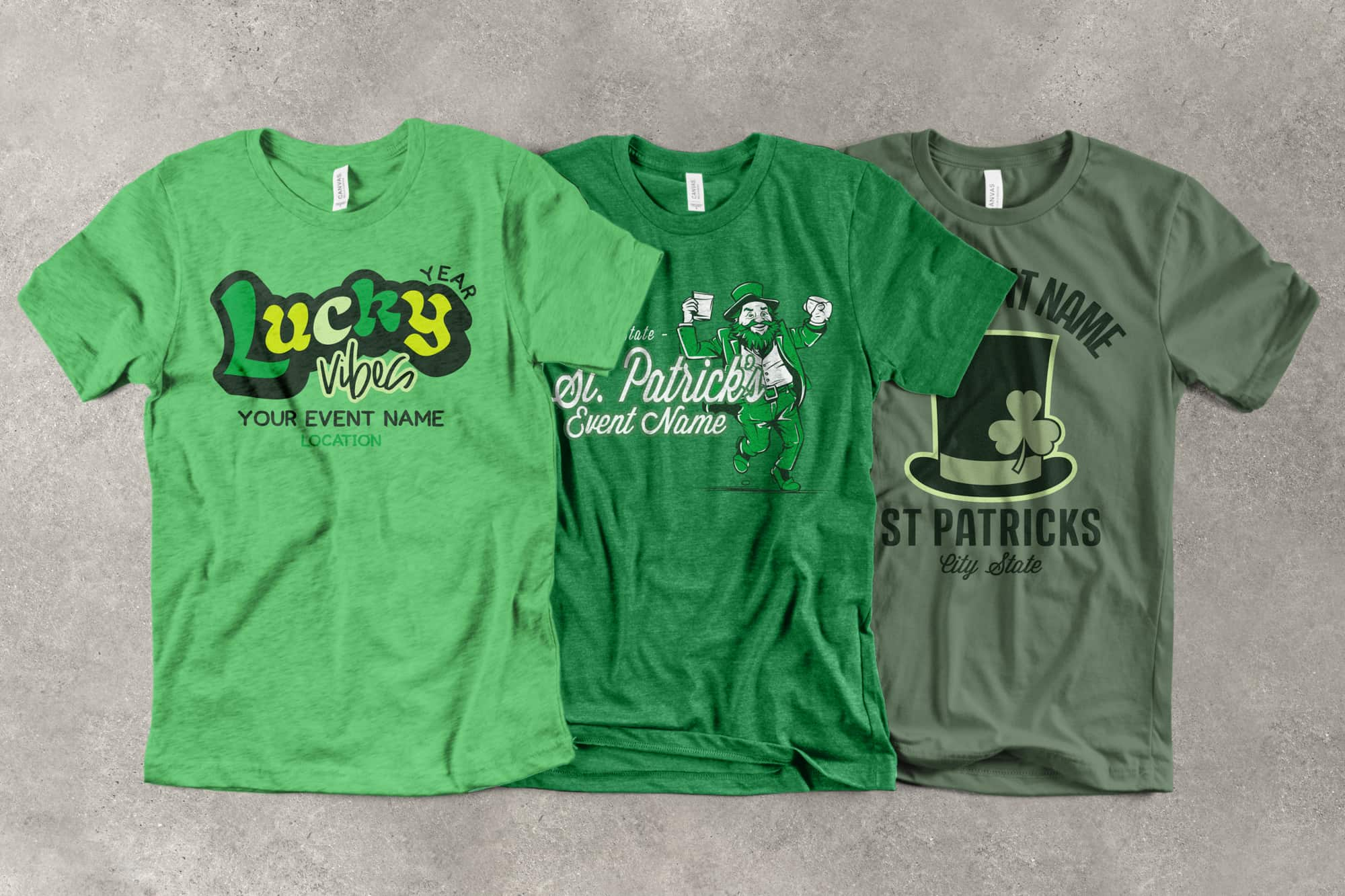 An image of three t-shirts, each a different color green and featuring a unique customizable St. Patricks Day event design.