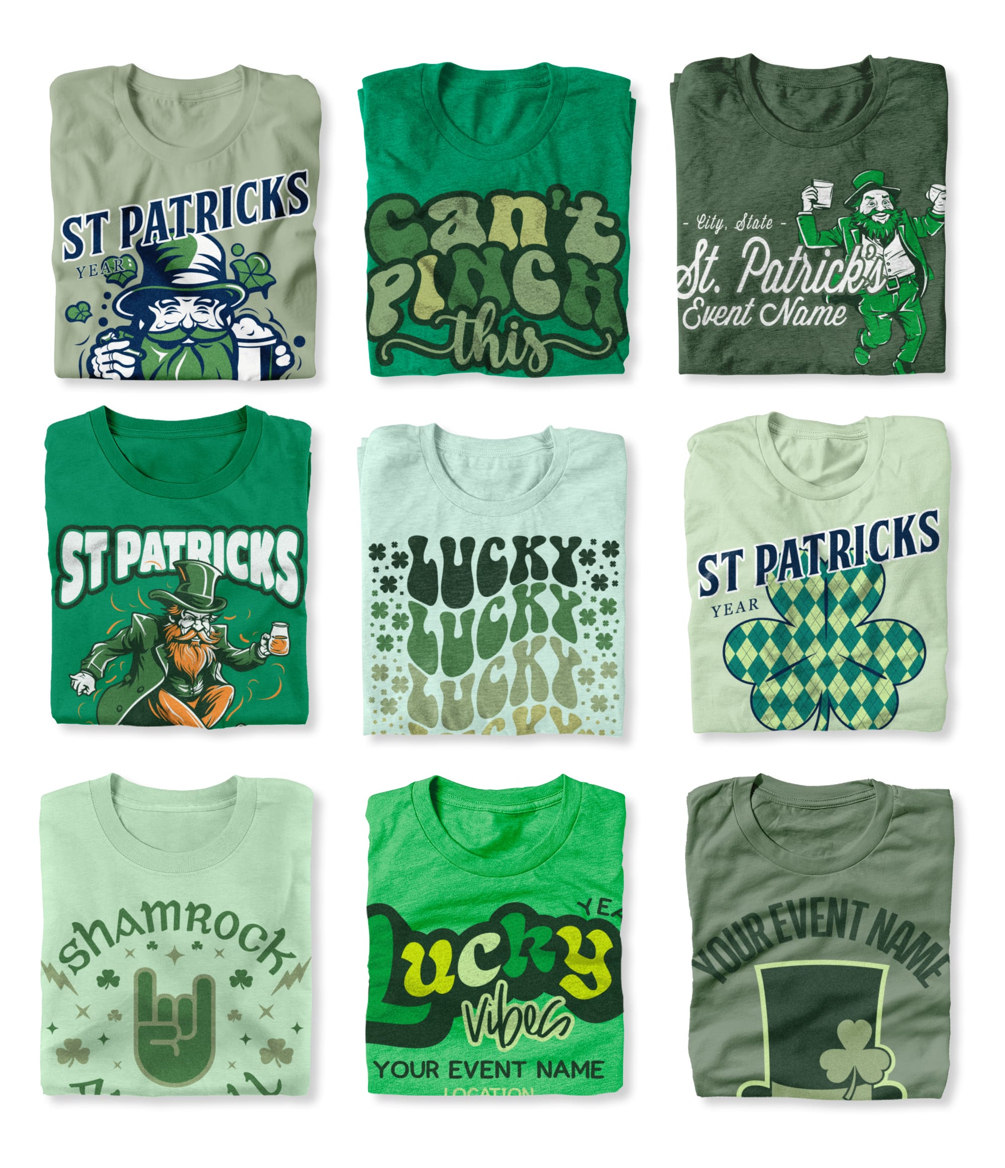 Image of 9 folded t-shirts, each with a different color and customizable St. Patrick's Day design printed on them.