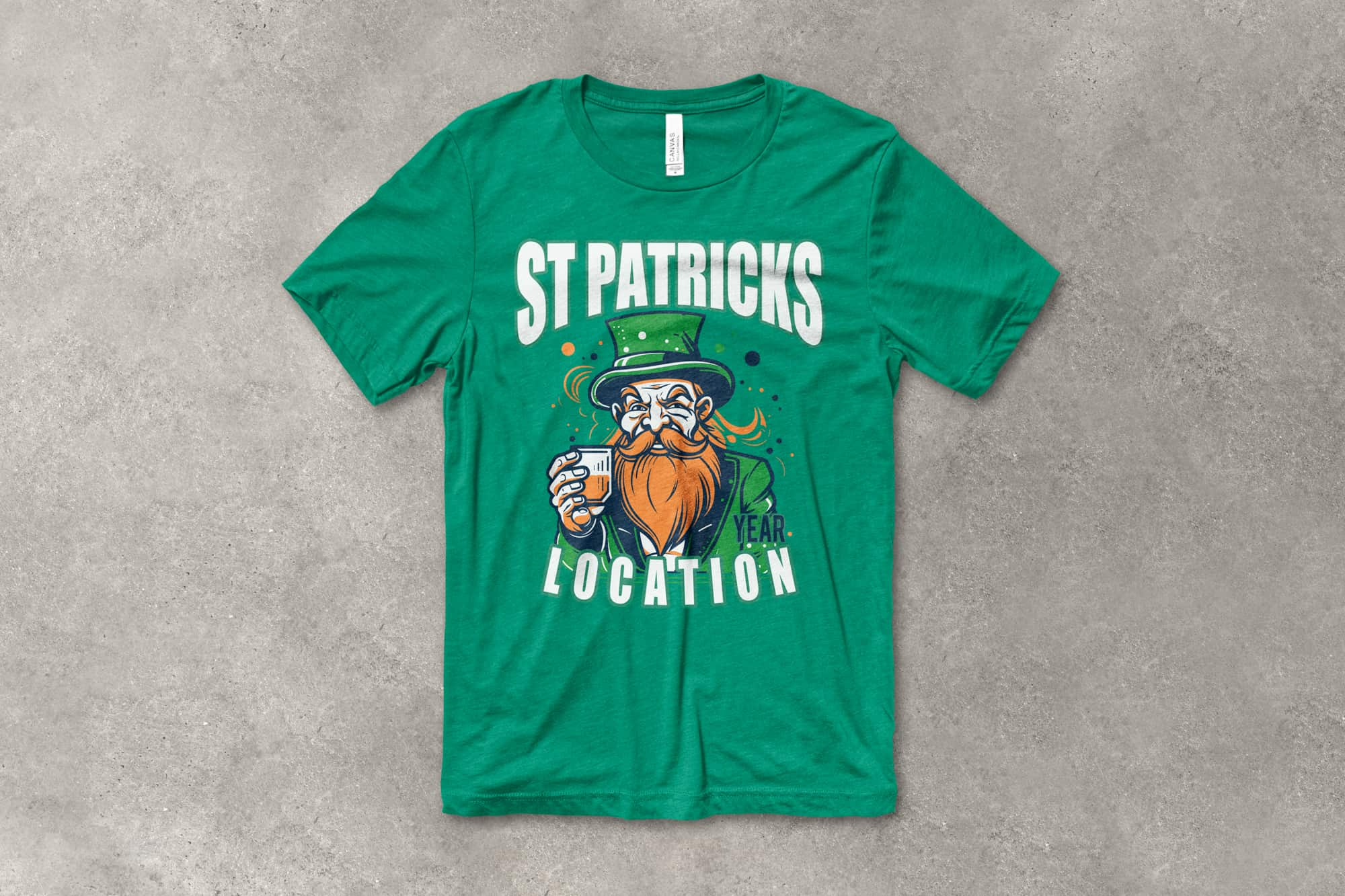 A flatlay of a Kelly green shirt with a customizable St. Patricks Day design featuring a leprechaun.