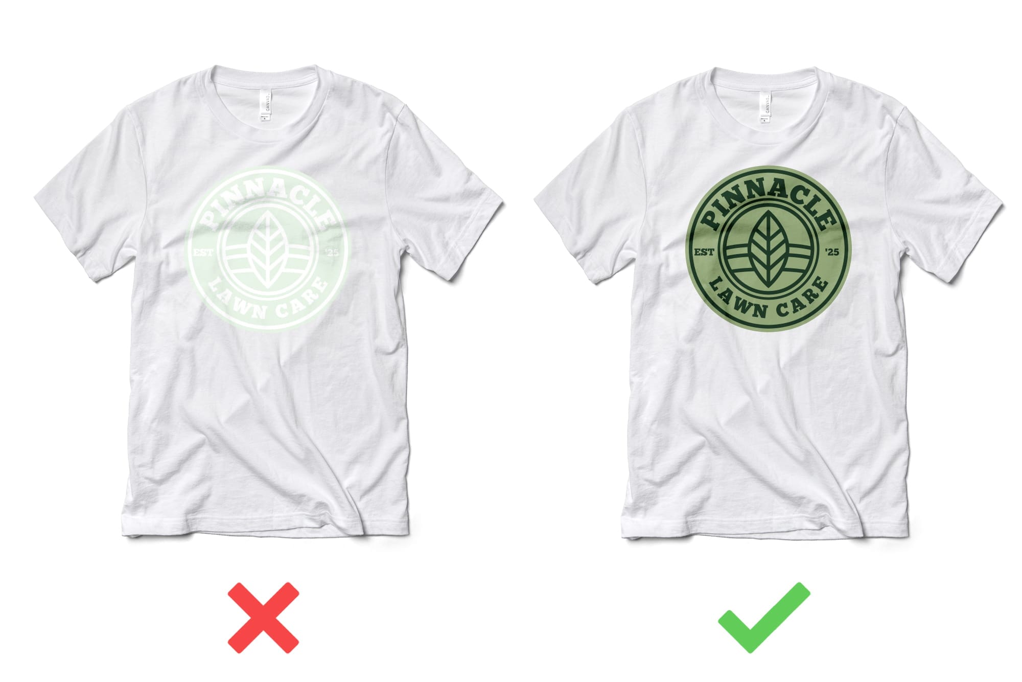 Comparison image showing a shirt with a low contrast shirt design vs the same design using different colors to make it stand out on a white shirt
