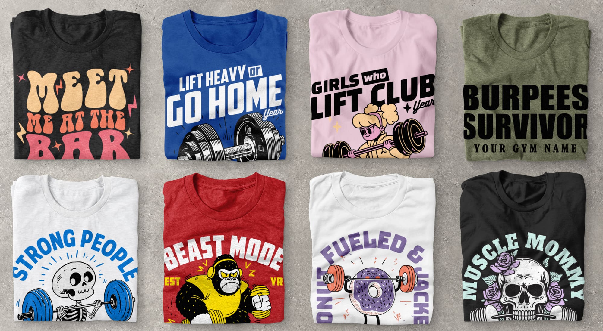 flatlay image of folded shirts, each with a customizable gym shirt design on it.