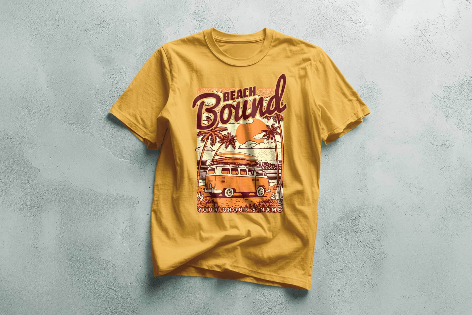 Yellow t-shirt with "Beach Bound" text and a vintage van graphic. Palm trees and sunset create a retro, tropical vibe. Below is "Your Group's Name."