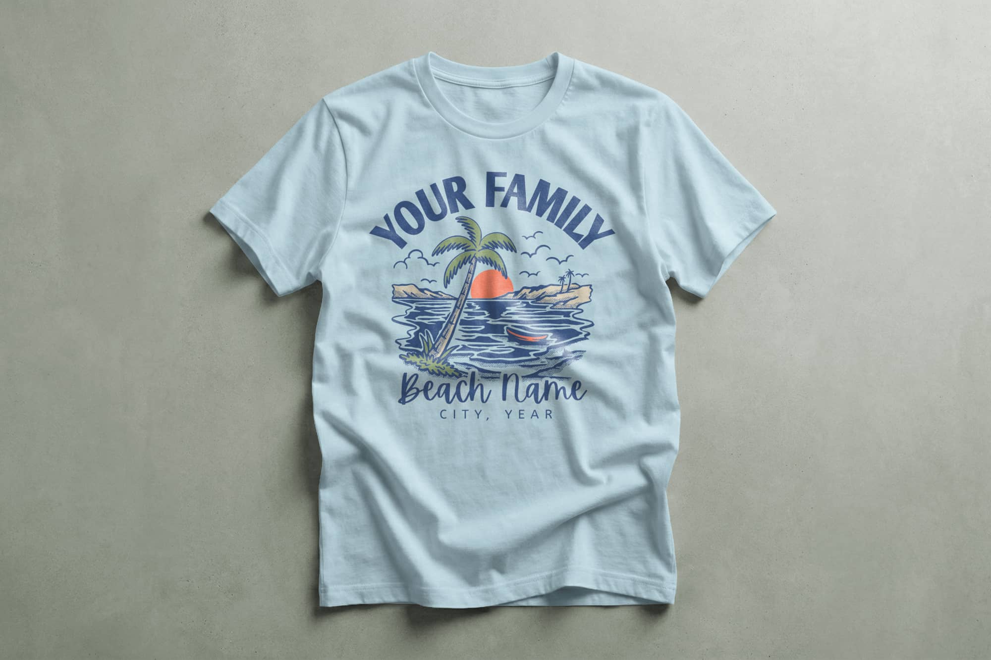 Light blue t-shirt with beach scene: palm tree, waves, orange sunset. Text above reads “Your Family”, below “Beach Name, City, Year”, creating a relaxed vibe.