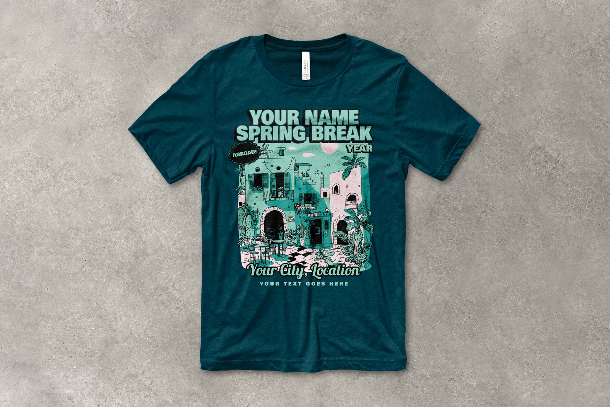 flatlay of a customizable travel themed spring break shirt with a graphic of a city and text that says your name spring break, your city, location.