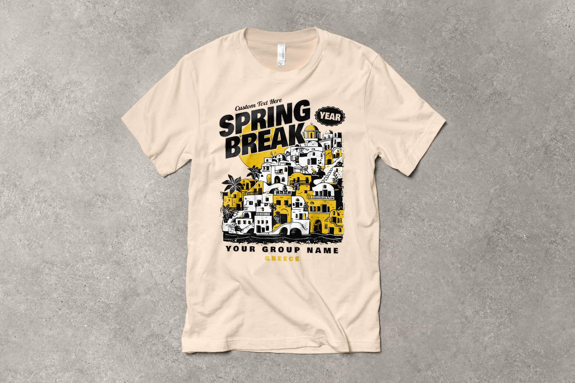 flatlay of a customizable travel themed spring break shirt with a graphic of the city Greece. text on shirt says spring break, your group name.
