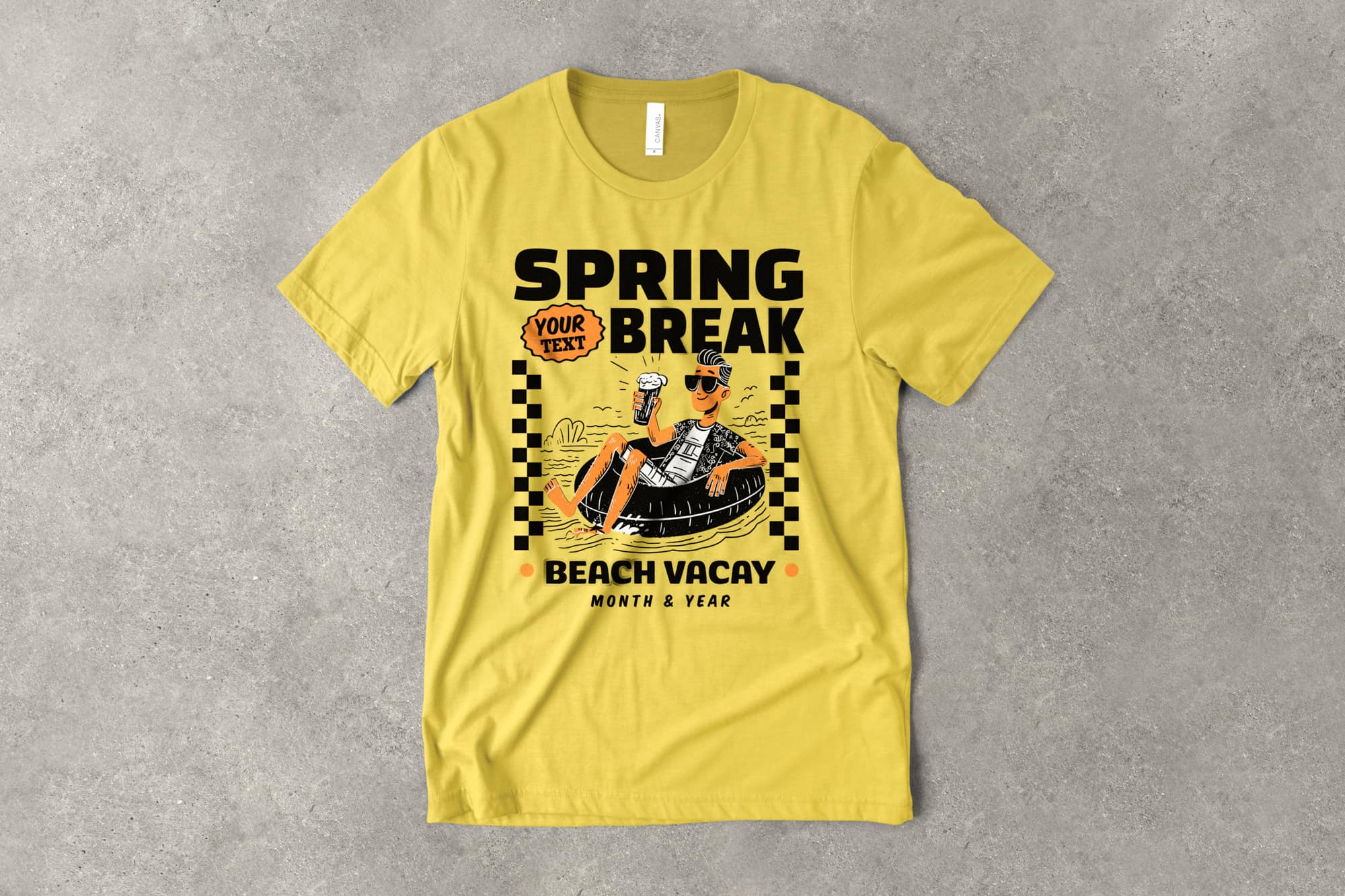 flatlay of a customizable beach themed spring break shirt with a person in a pool float drinking a beer. text on shirt says spring break, beach vacay.