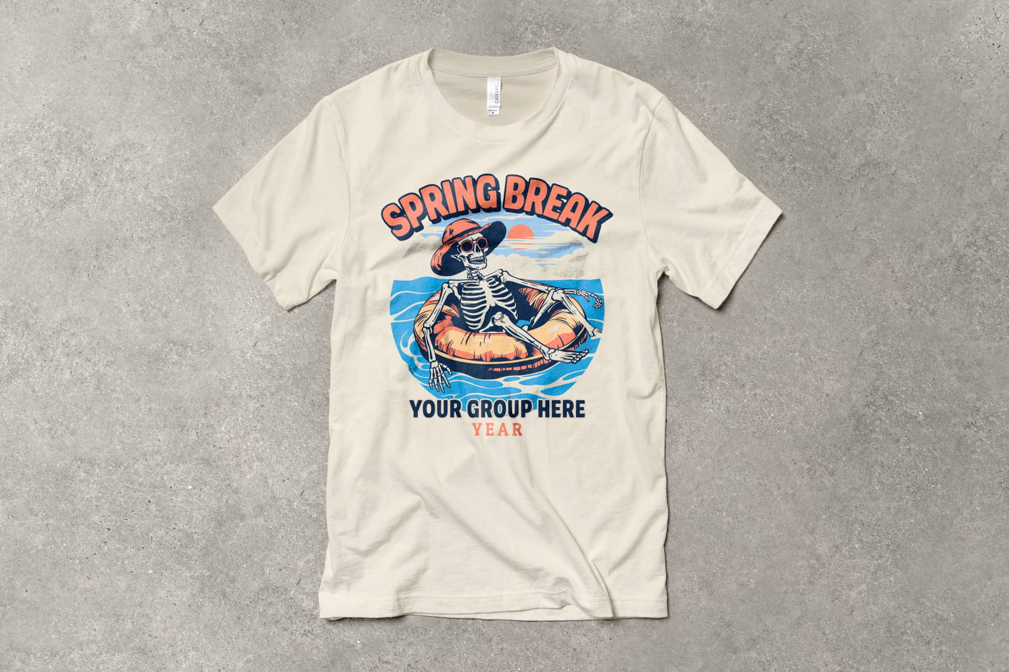 flatlay of a customizable beach themed spring break shirt with a skeleton in a pool float wearing a hat. text on shirt says spring break, your group here.