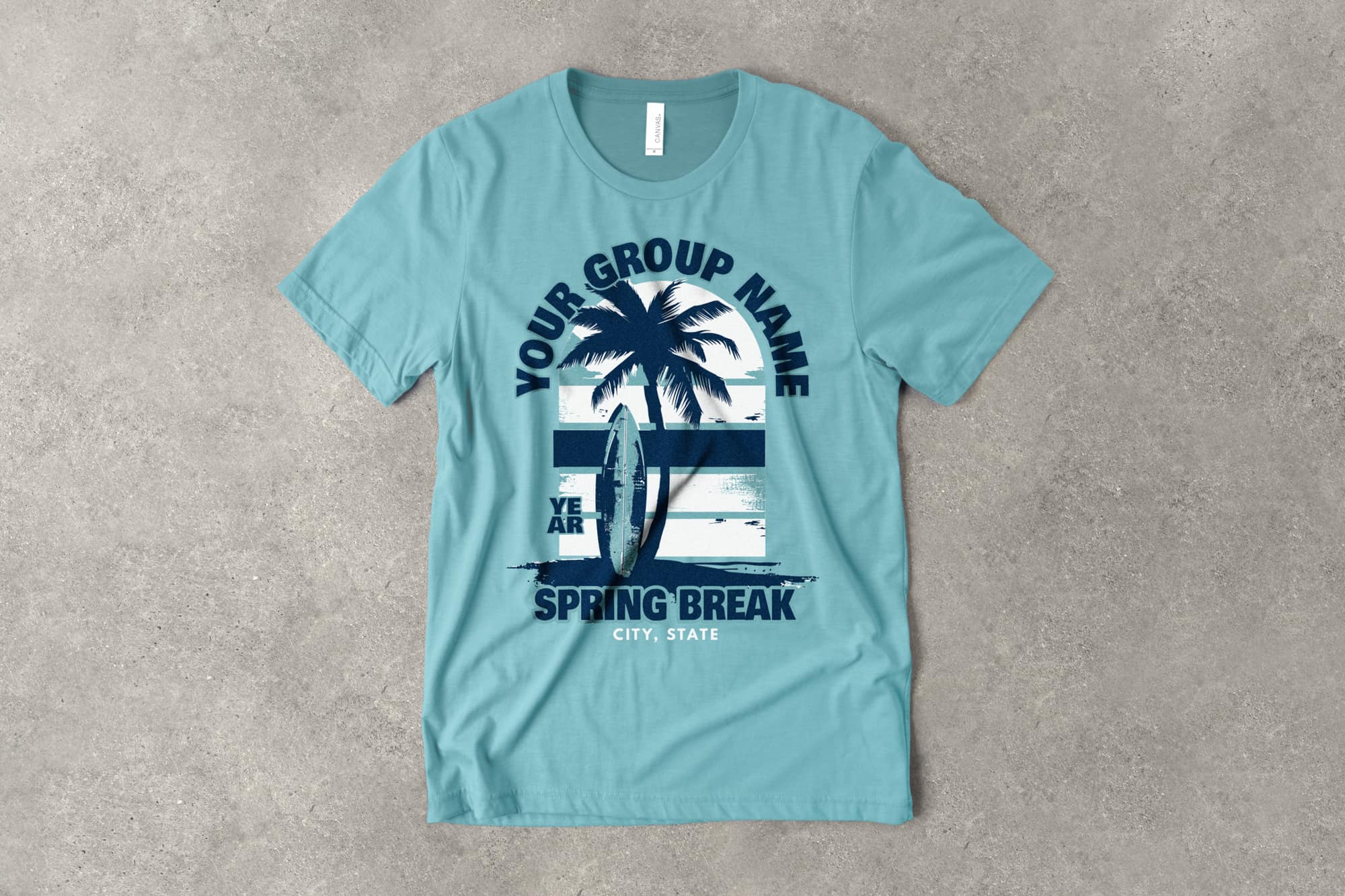 flatlay of a customizable beach themed spring break shirt with a graphic of a palm tree and surf board leaned against it. text on shirt says your group name, spring break.