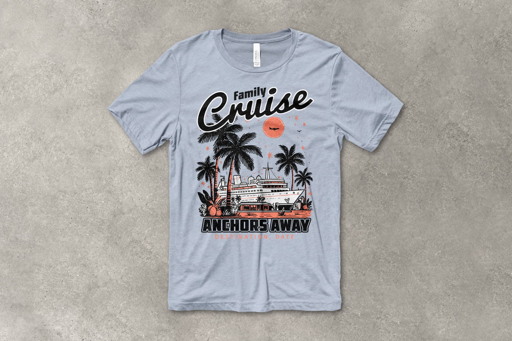 flatlay of a customizable cruise themed spring break shirt with a boat and palm trees. text on shirt says family cruise, anchors away.