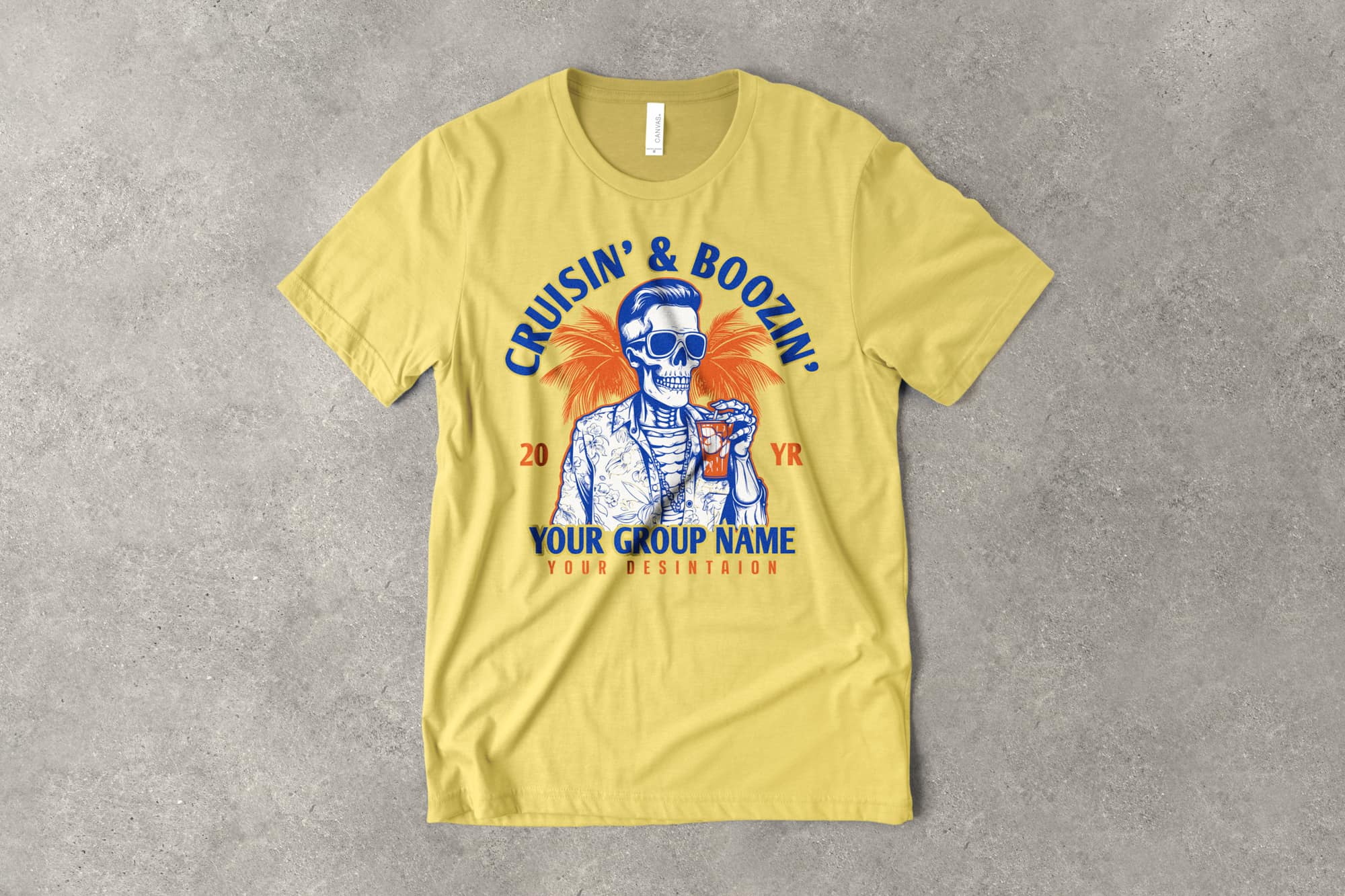 flatlay of a customizable cruise themed spring break shirt with a skeleton man wearing a Hawaiian print shirt and drinking a beer. text on shirt says cruisin' and boozin'