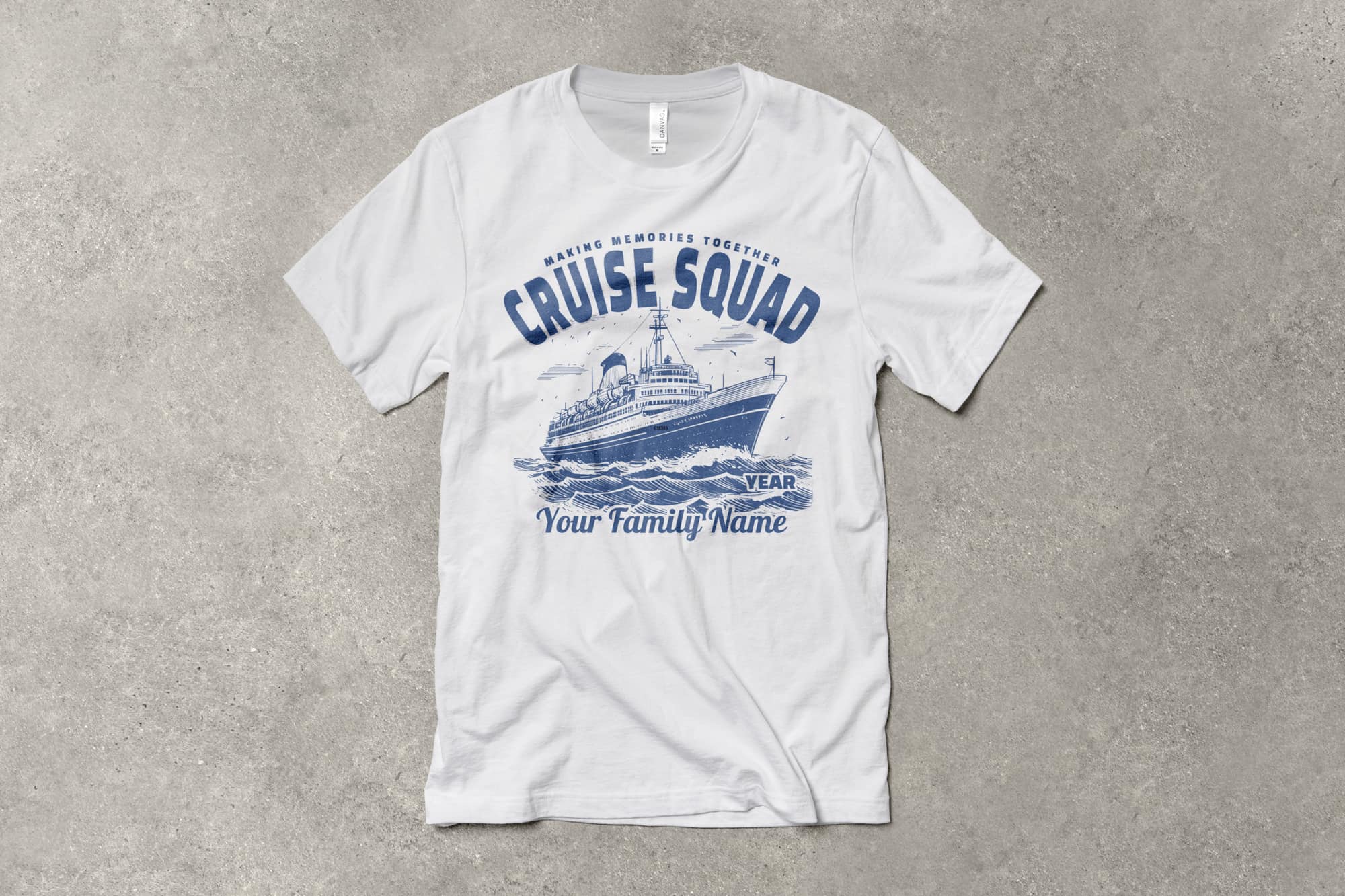 flatlay of a customizable cruise themed spring break shirt with a boat and ocean waves. text on shirt reads cruise squad.