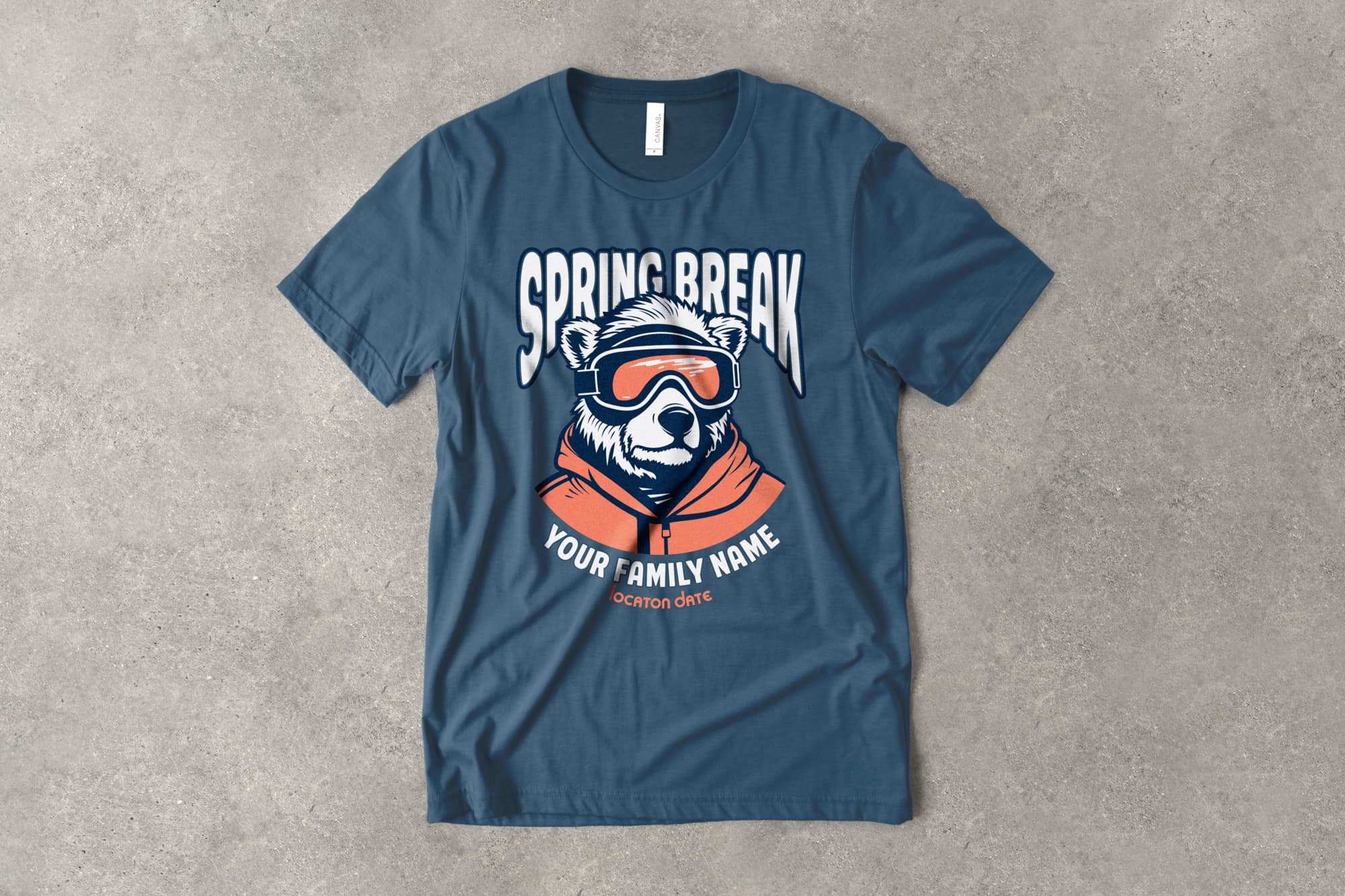 flatlay of a customizable winter themed spring break shirt with a polar bear wearing snow goggles and a jacket. text on shirt says spring break, your family name.