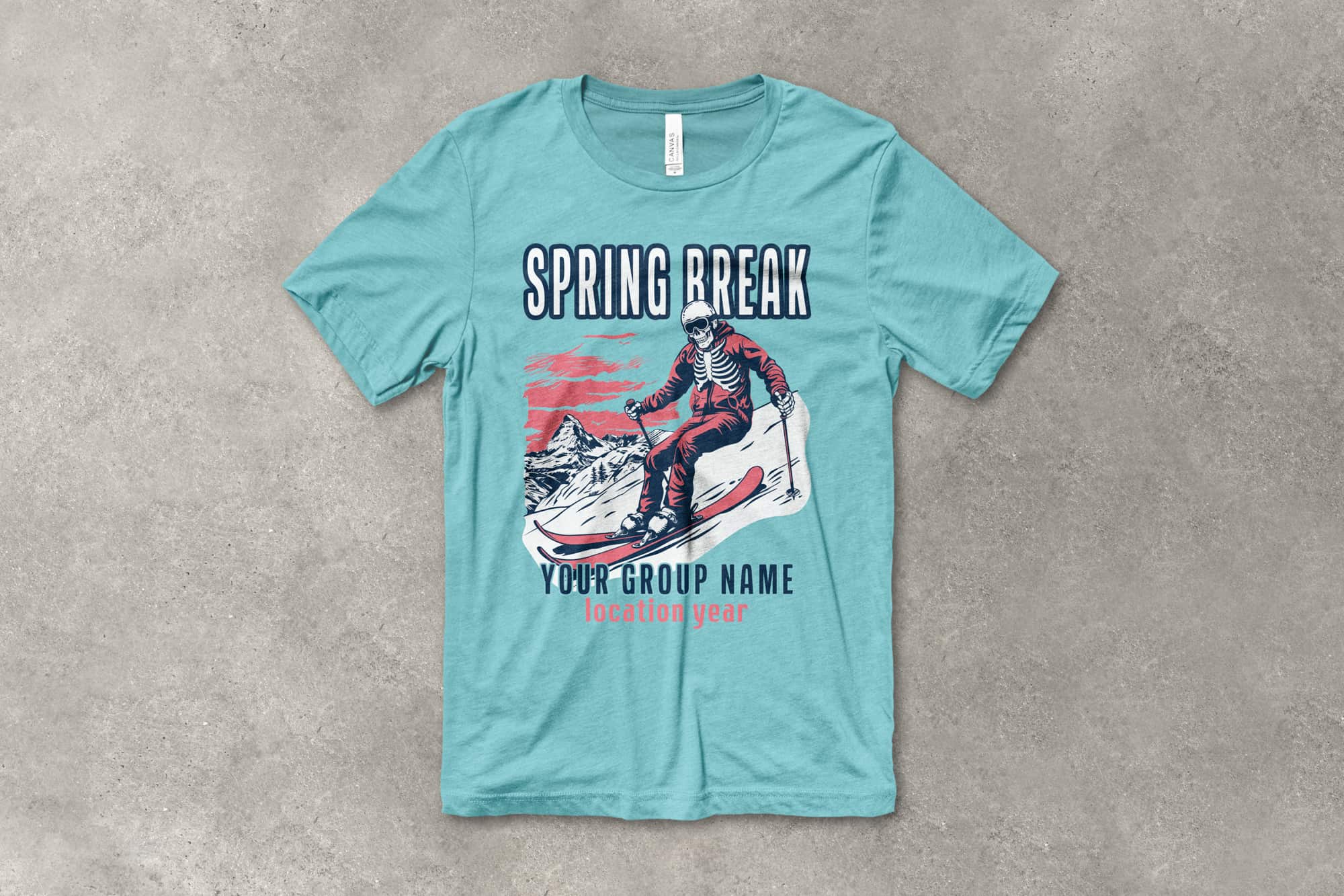 flatlay of a customizable winter themed spring break shirt with a skeleton skiing. text on shirt says spring break, your group name.