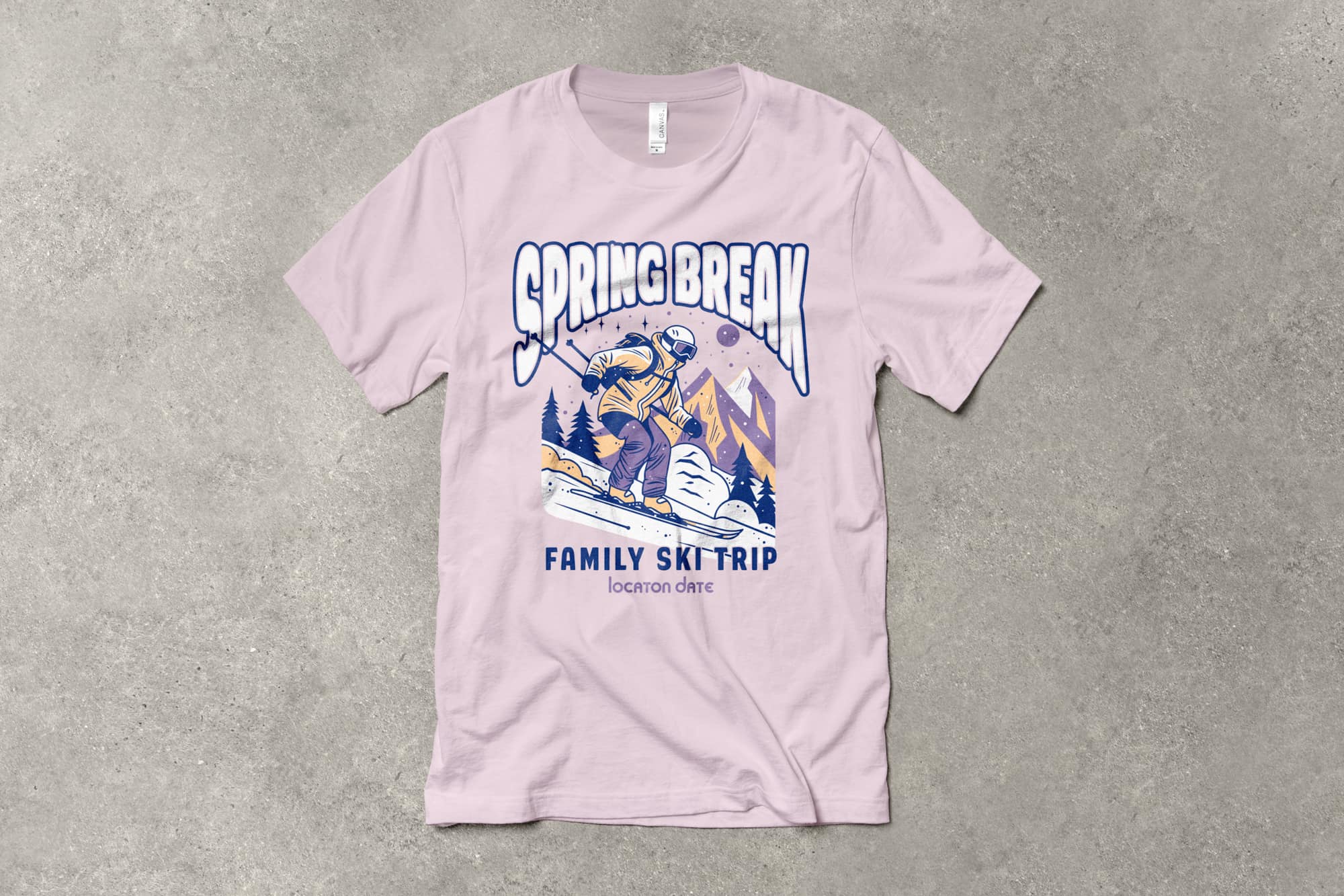 flatlay of a customizable winter themed spring break shirt with a person skiing down a mountain. text on shirt says spring break, family ski trip.