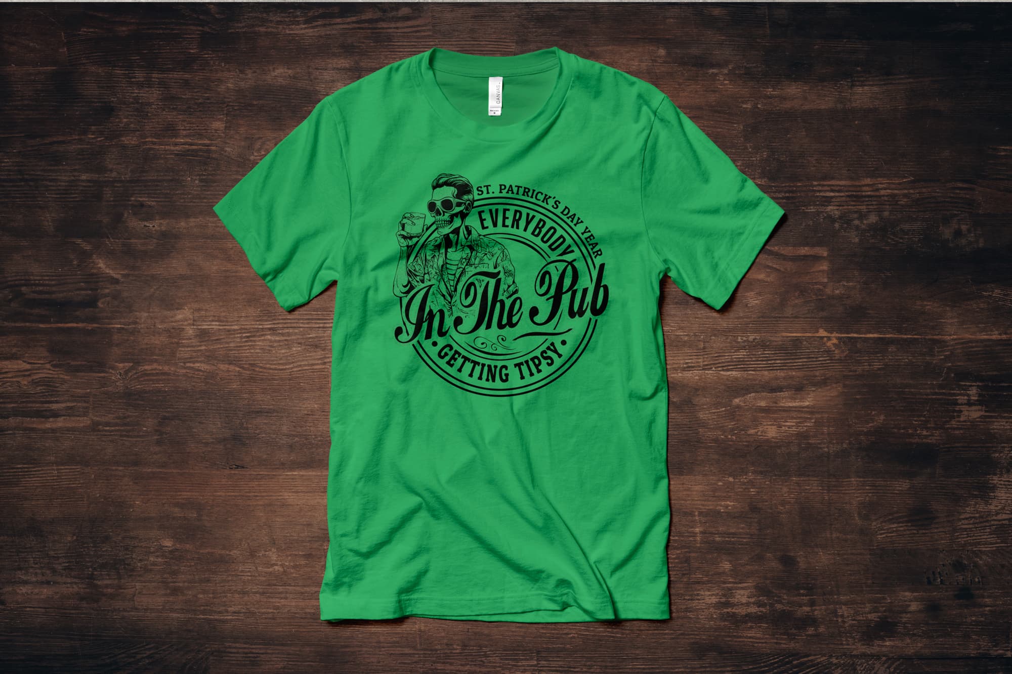 image of a flat green shirt with a customizable st. Patrick day design that shows a fun badge design with a skeleton drinking