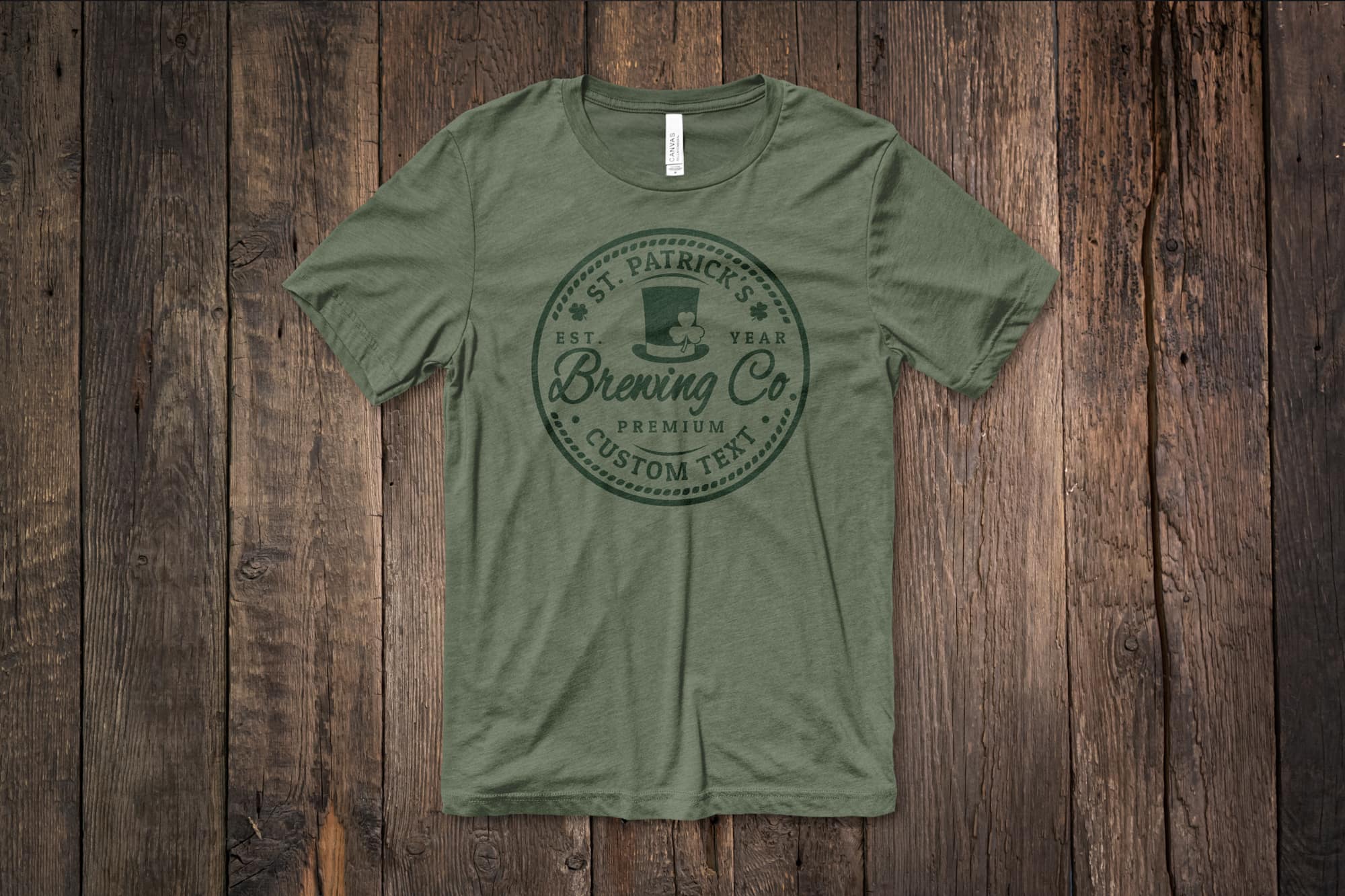 image of a flat green shirt with a customizable st. Patrick day design that features a clean badge design