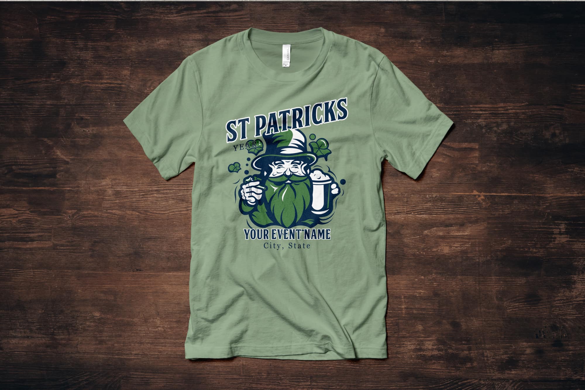 image of a flat green shirt with a customizable st. Patrick day design showing a leprechaun with a beer