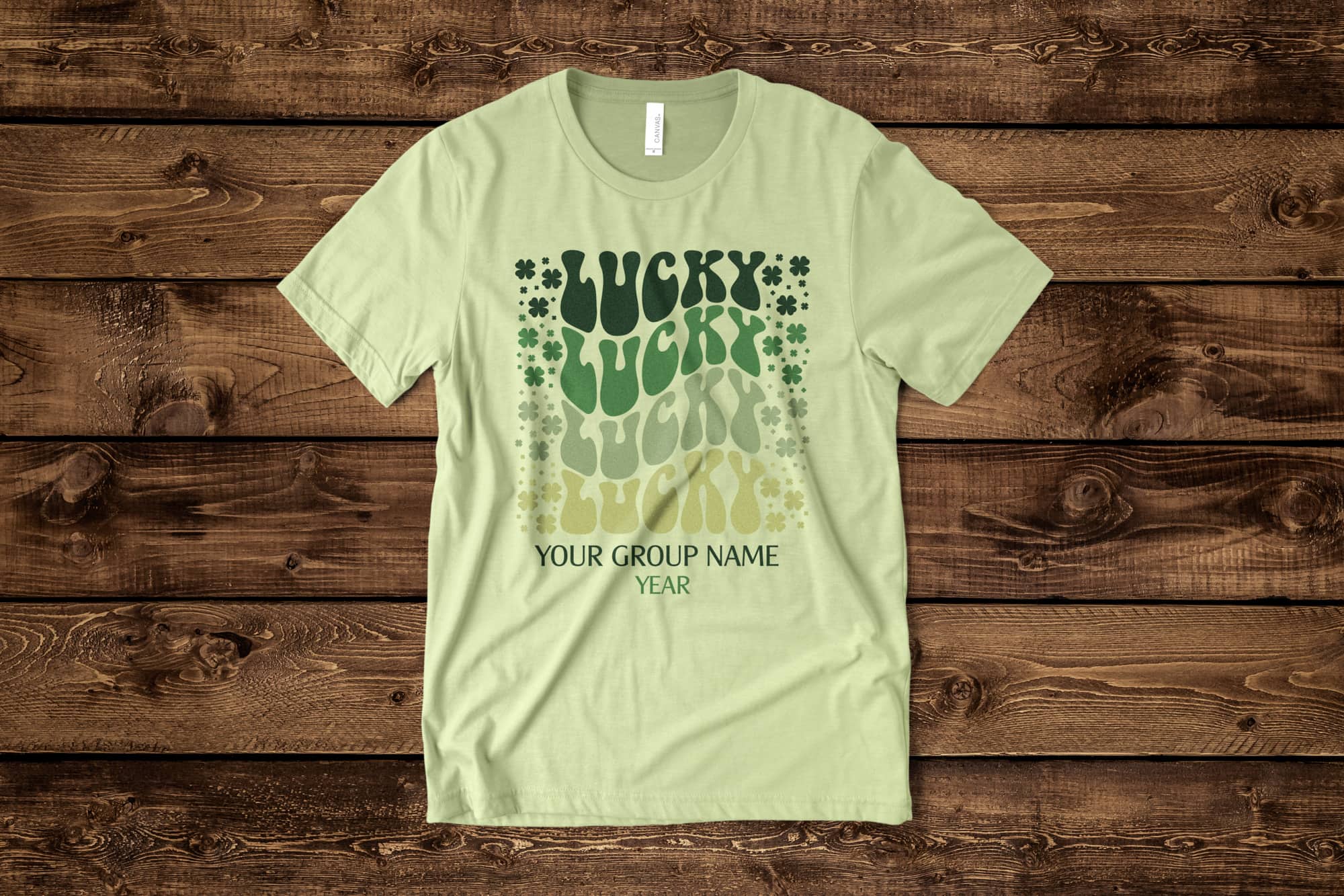 image of a flat green shirt with a customizable st. Patrick day design that says lucky