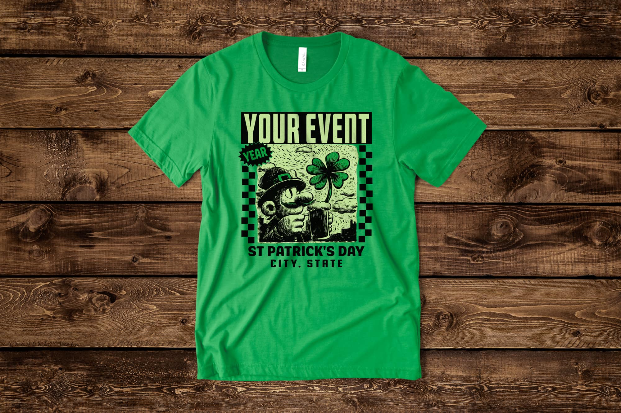 image of a flat green shirt with a customizable st. Patrick day design that has a leprechaun design and checker design