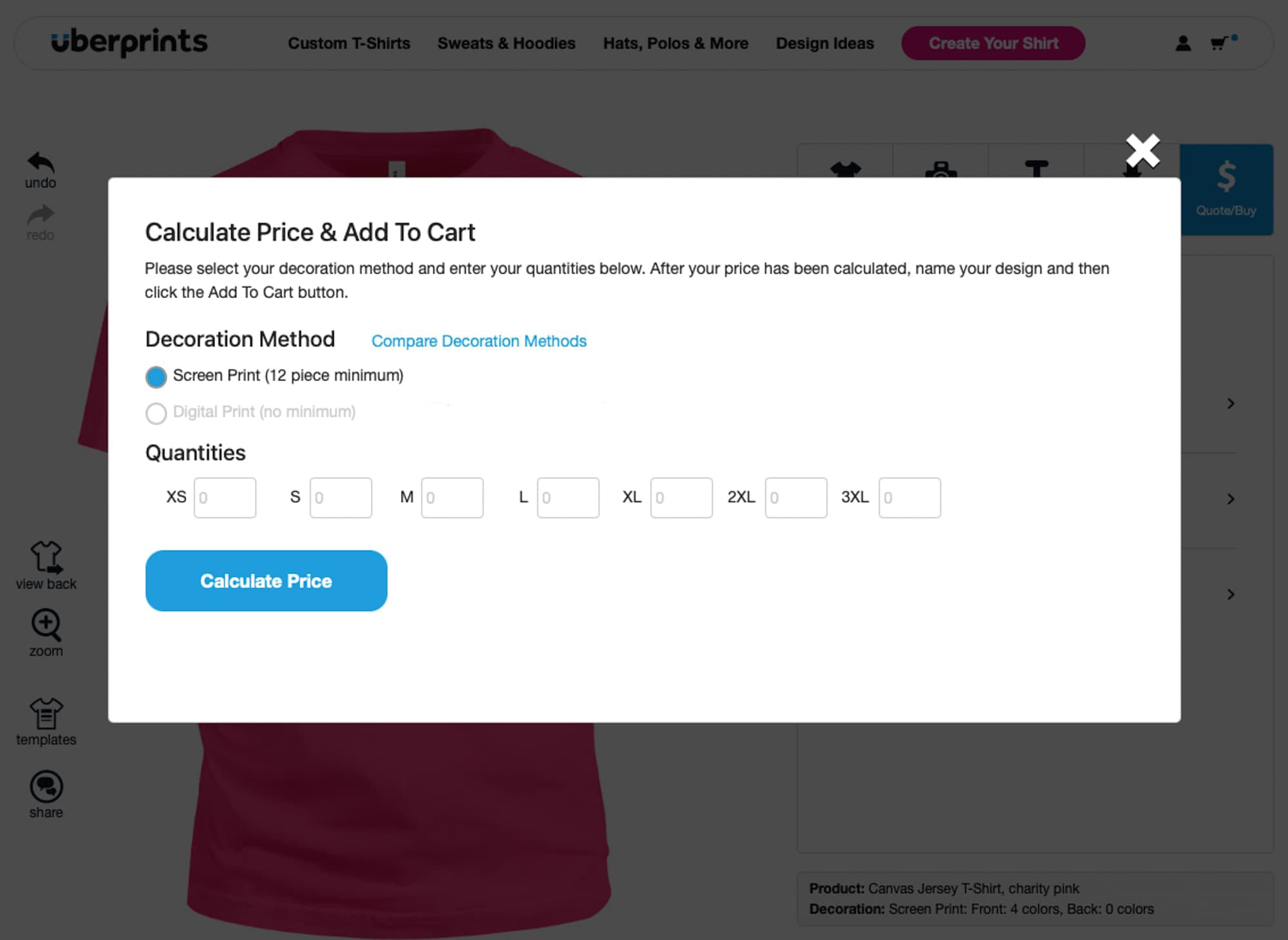 Popup window for calculating t-shirt price on UberPrints. Options include screen and digital printing methods, with quantity inputs by size.