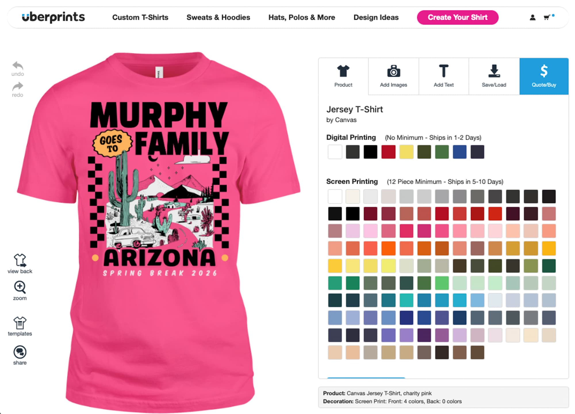 Bright pink T-shirt with "Murphy Goes to Arizona Spring Break 2026" text, featuring cactus, desert scene, and vintage car, evoking fun and adventure.
