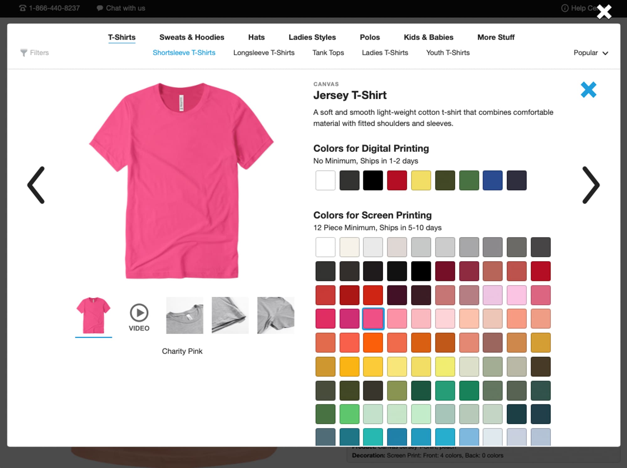 A bright pink jersey T-shirt is displayed on an e-commerce page, with options for digital and screen printing colors below. The shirt is described as soft cotton.