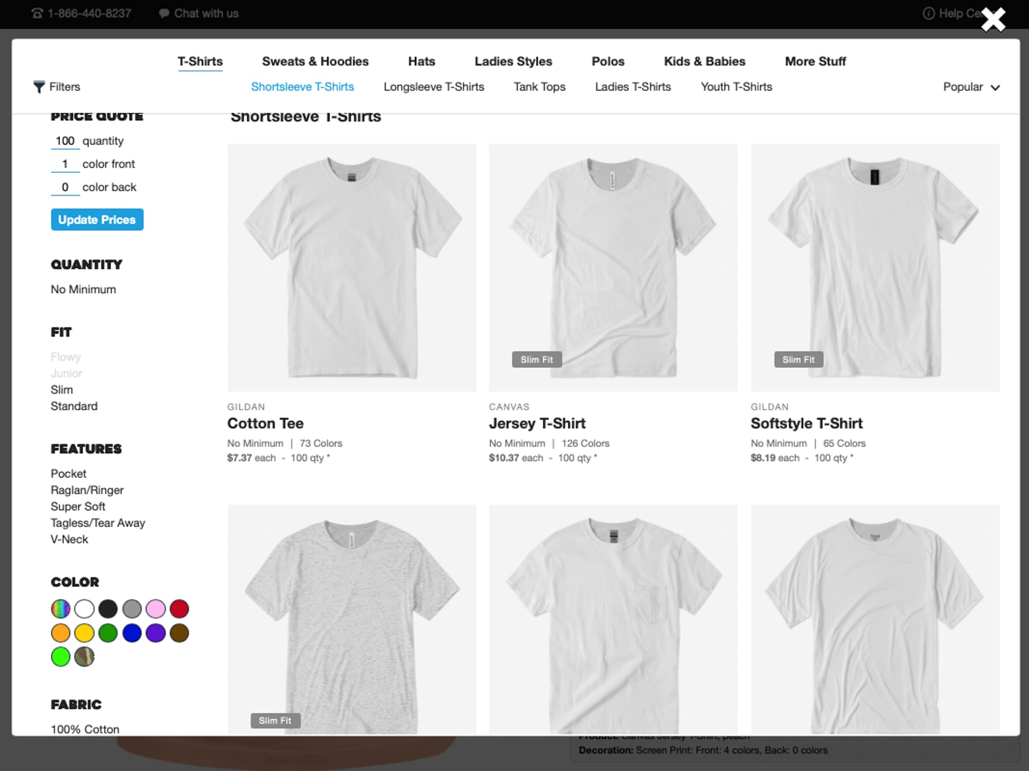 A webpage displaying a selection of white short-sleeve T-shirts with different fits and prices. Options for quantity, color, and fit filters are on the left.
