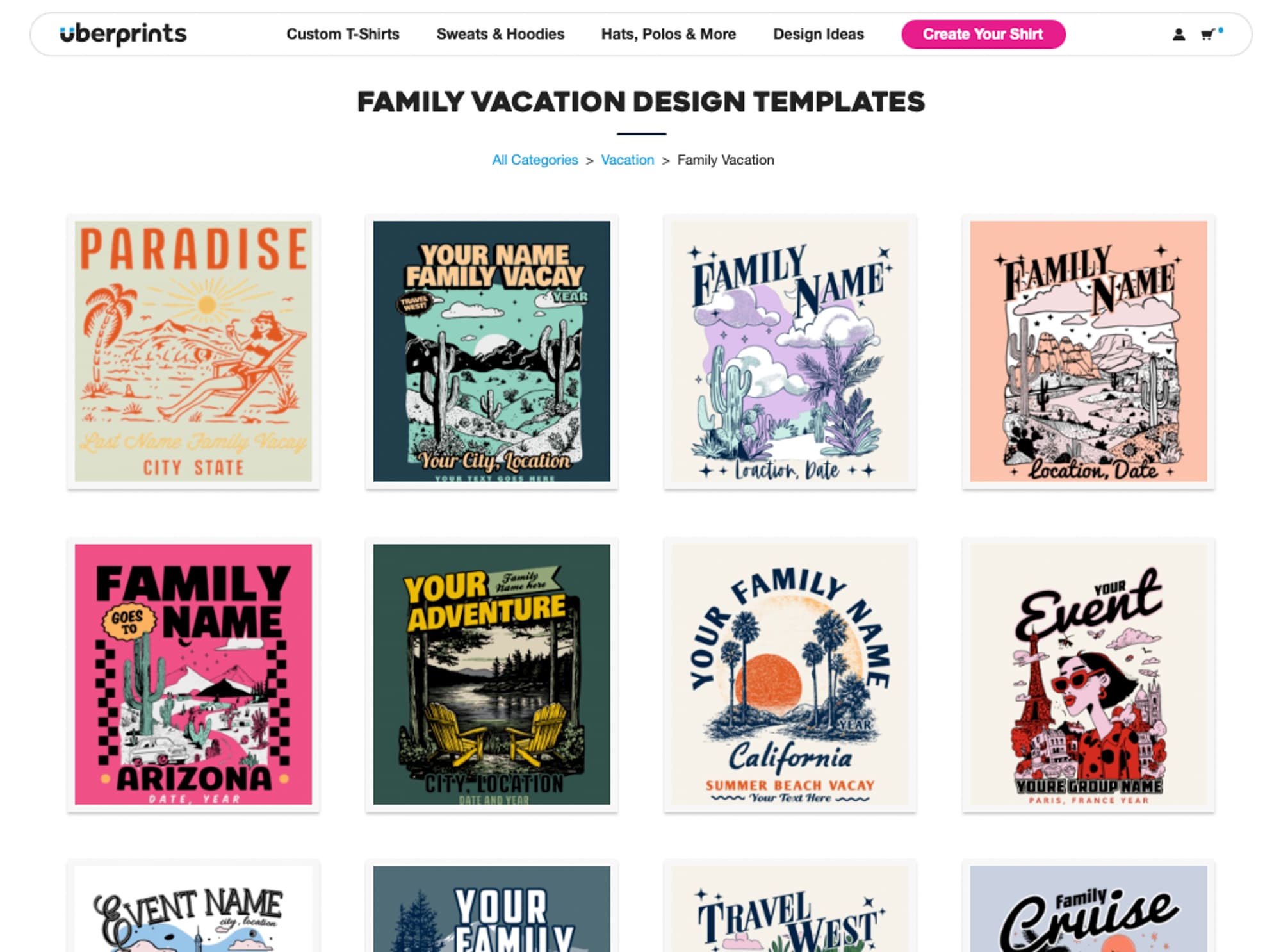Grid of colorful family vacation design templates on Uberprints website; each features unique style graphics with customizable text fields.