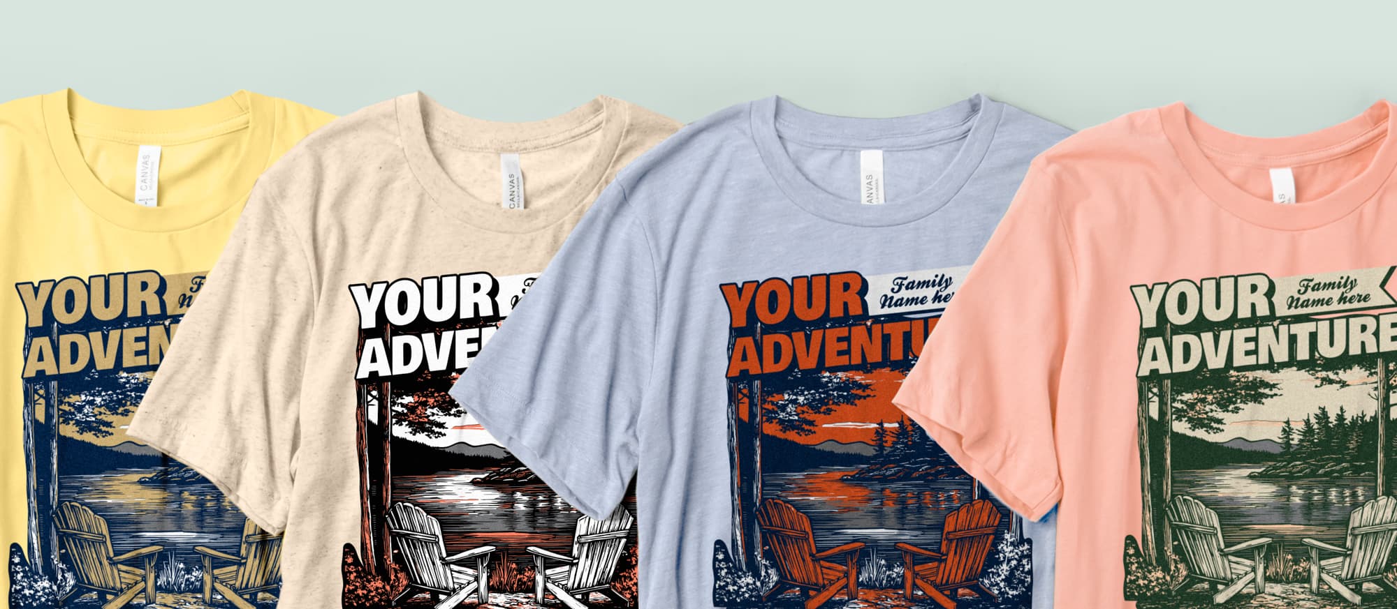 Four T-shirts in yellow, tan, blue, and peach display a serene lakeside graphic. Chairs face a sunset, evoking adventure and relaxation.