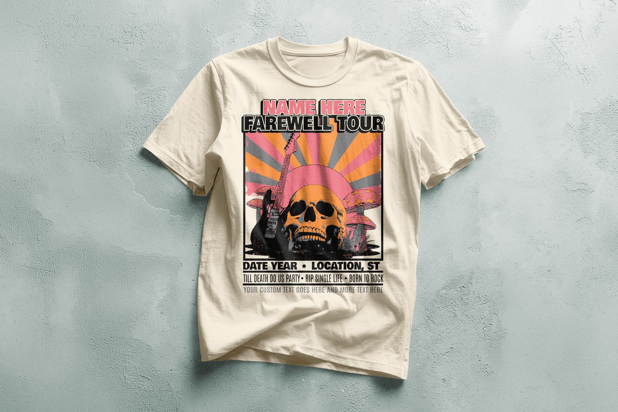 T-shirt displaying a "Farewell Tour" design with bold text and a large skull wearing a pink hat. Features a sunset background and musical elements.