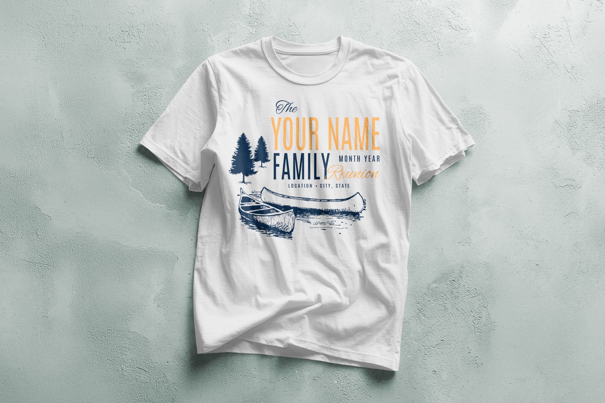 White t-shirt displaying a custom family reunion design with trees and a canoe. The text reads "Your Name Family Reunion" with placeholders for month, year, and location.